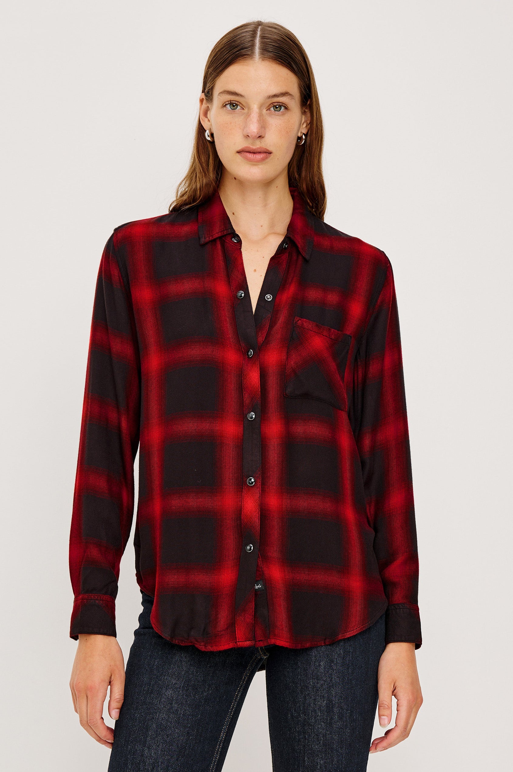 Hunter Long-Sleeve Button Up with snaps and a Chest Patch Pocket in Diffused Cardinal Black Colorway, plaid  - Front Buttoned View Featured on Model
