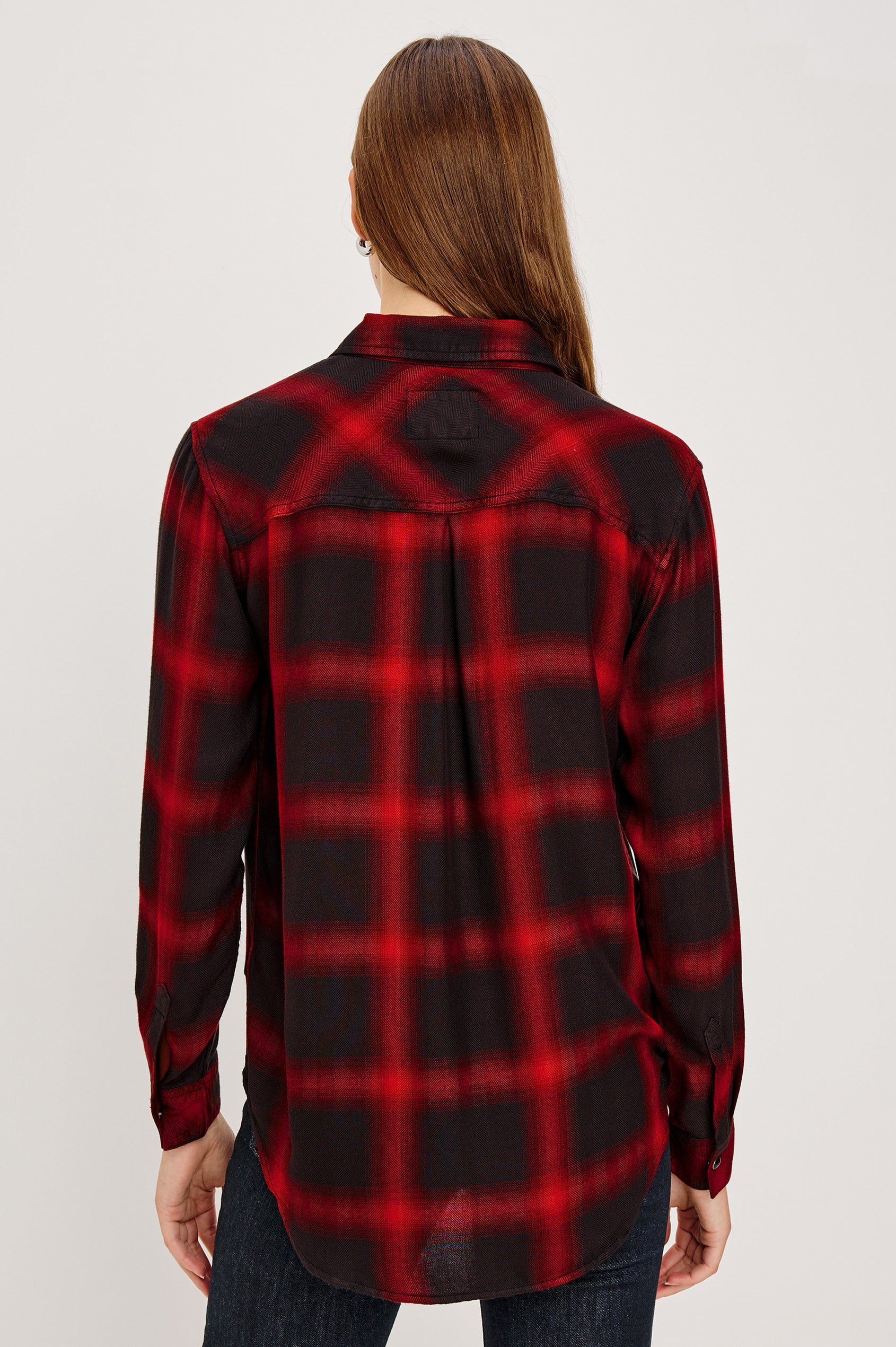 Hunter Long-Sleeve Button Up with snaps and a Chest Patch Pocket in Diffused Cardinal Black Colorway, plaid  - Back View Featured on Model