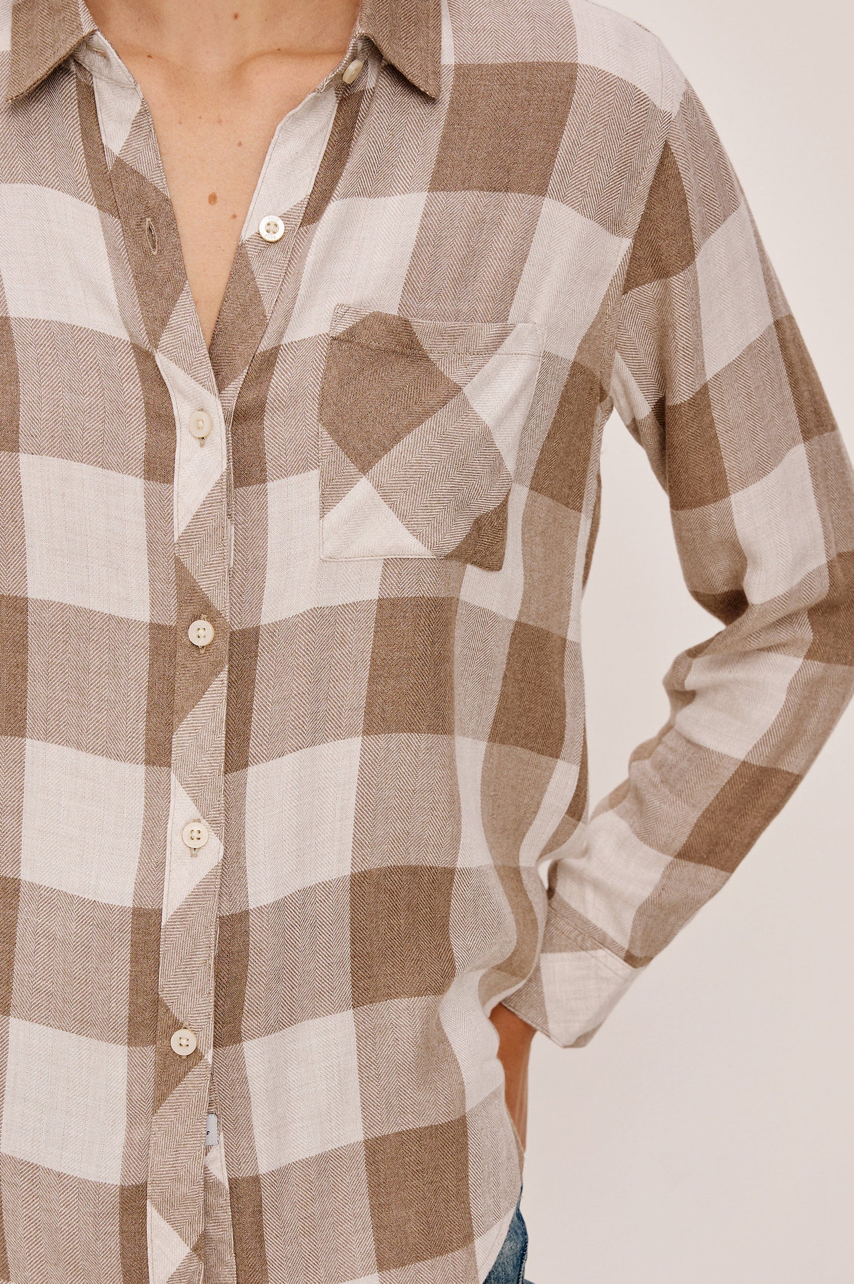 Hunter Long-Sleeve Button Up with a Chest Patch Pocket in Dove Brown Colorway, plaid - Close up View Featured on Model