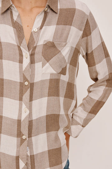 Hunter Long-Sleeve Button Up with a Chest Patch Pocket in Dove Brown Colorway, plaid - Close up View Featured on Model