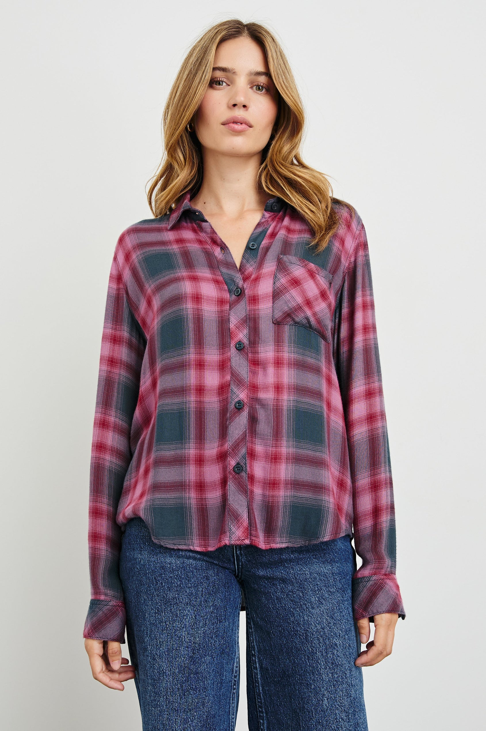 Hunter Long-Sleeve Button Up with a Chest Patch Pocket in Dusty Mauve Evergreen Colorway, plaid - Front View Featured on Model