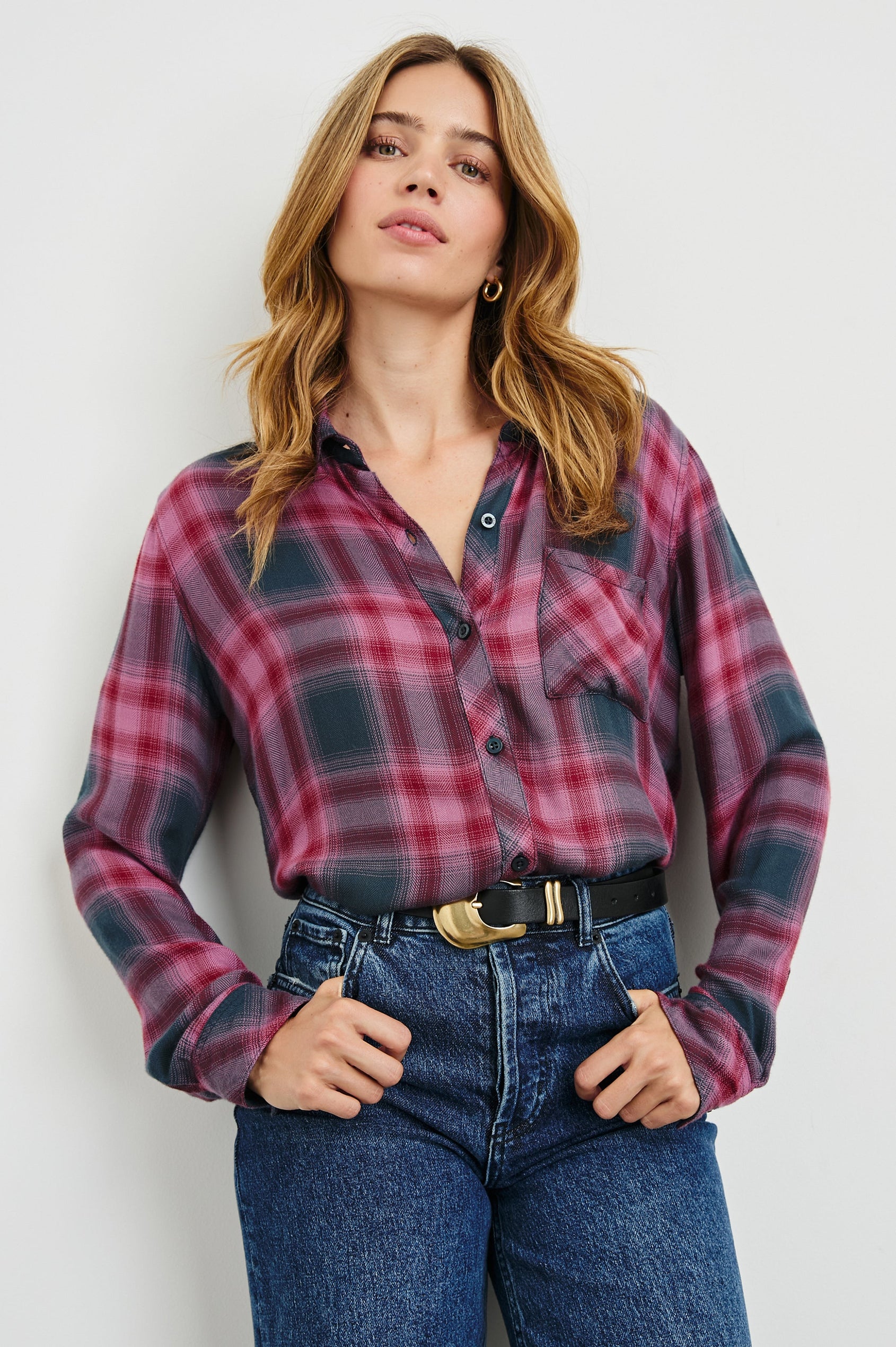 Hunter Long-Sleeve Button Up with a Chest Patch Pocket in Dusty Mauve Evergreen Colorway, plaid - Front Tucked View Featured on Model