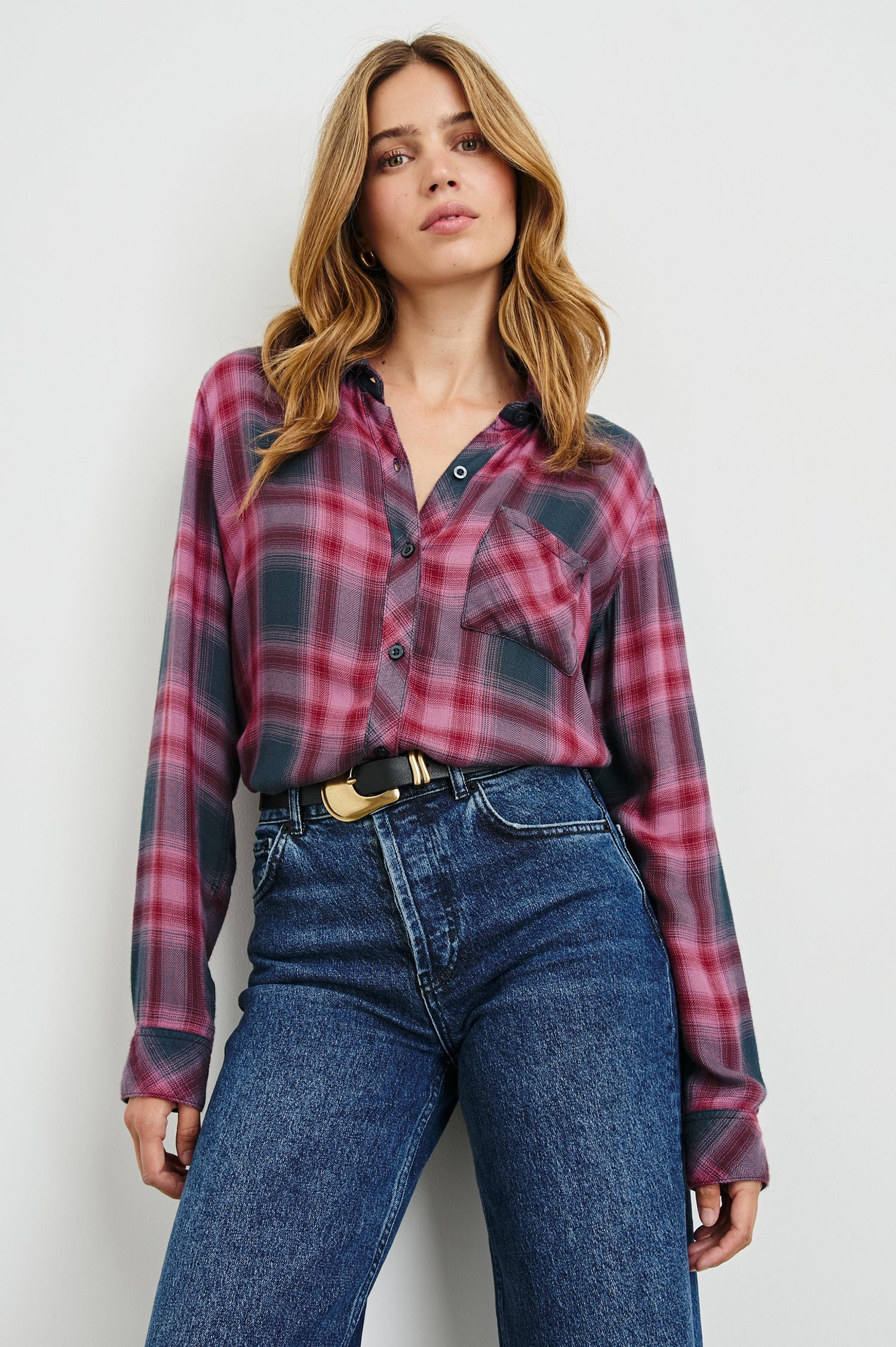 Hunter Long-Sleeve Button Up with a Chest Patch Pocket in Dusty Mauve Evergreen Colorway, plaid - Front Tucked View Featured on Model