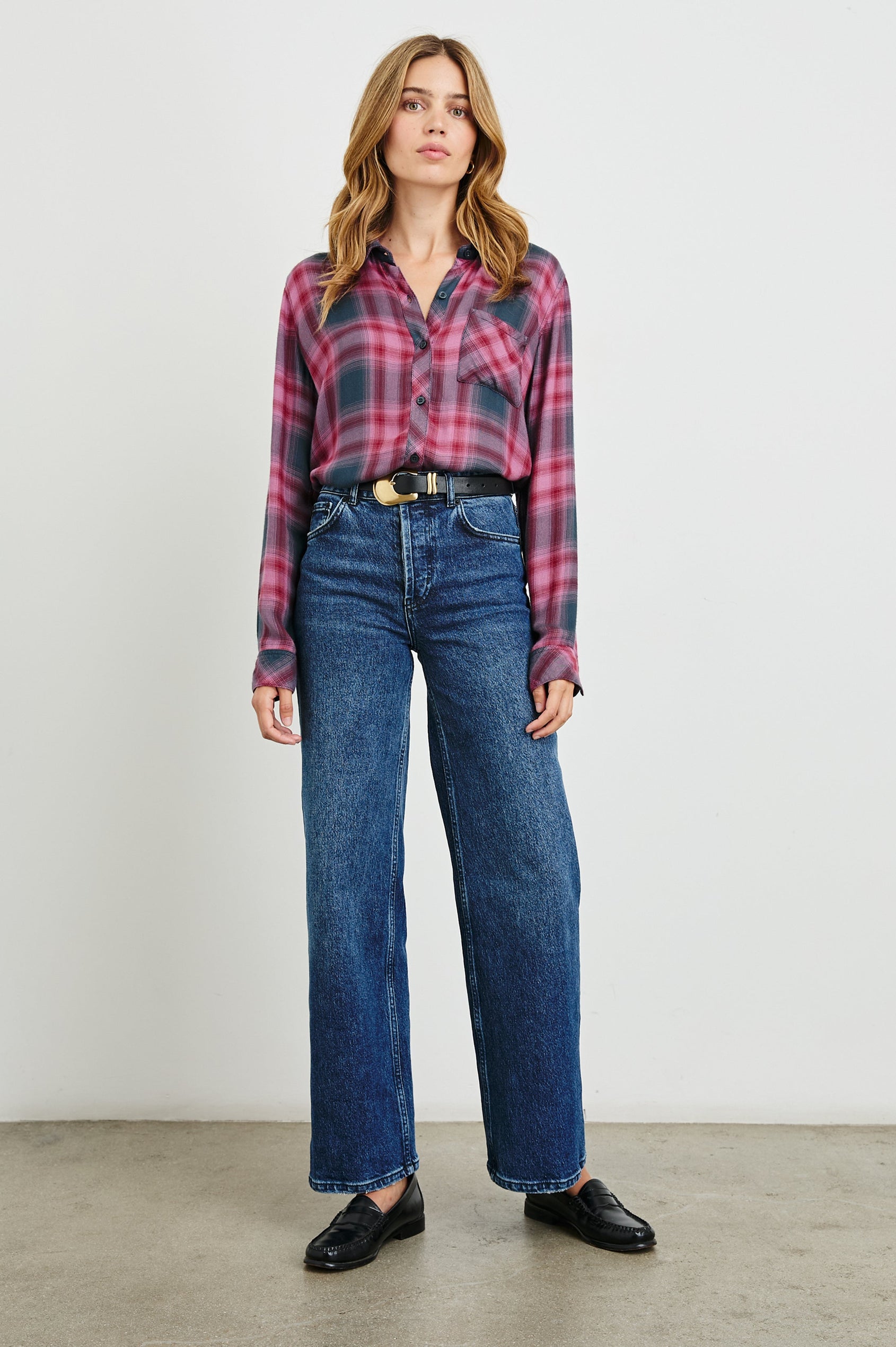 Hunter Long-Sleeve Button Up with a Chest Patch Pocket in Dusty Mauve Evergreen Colorway, plaid - Front Tucked Full Body View Featured on Model