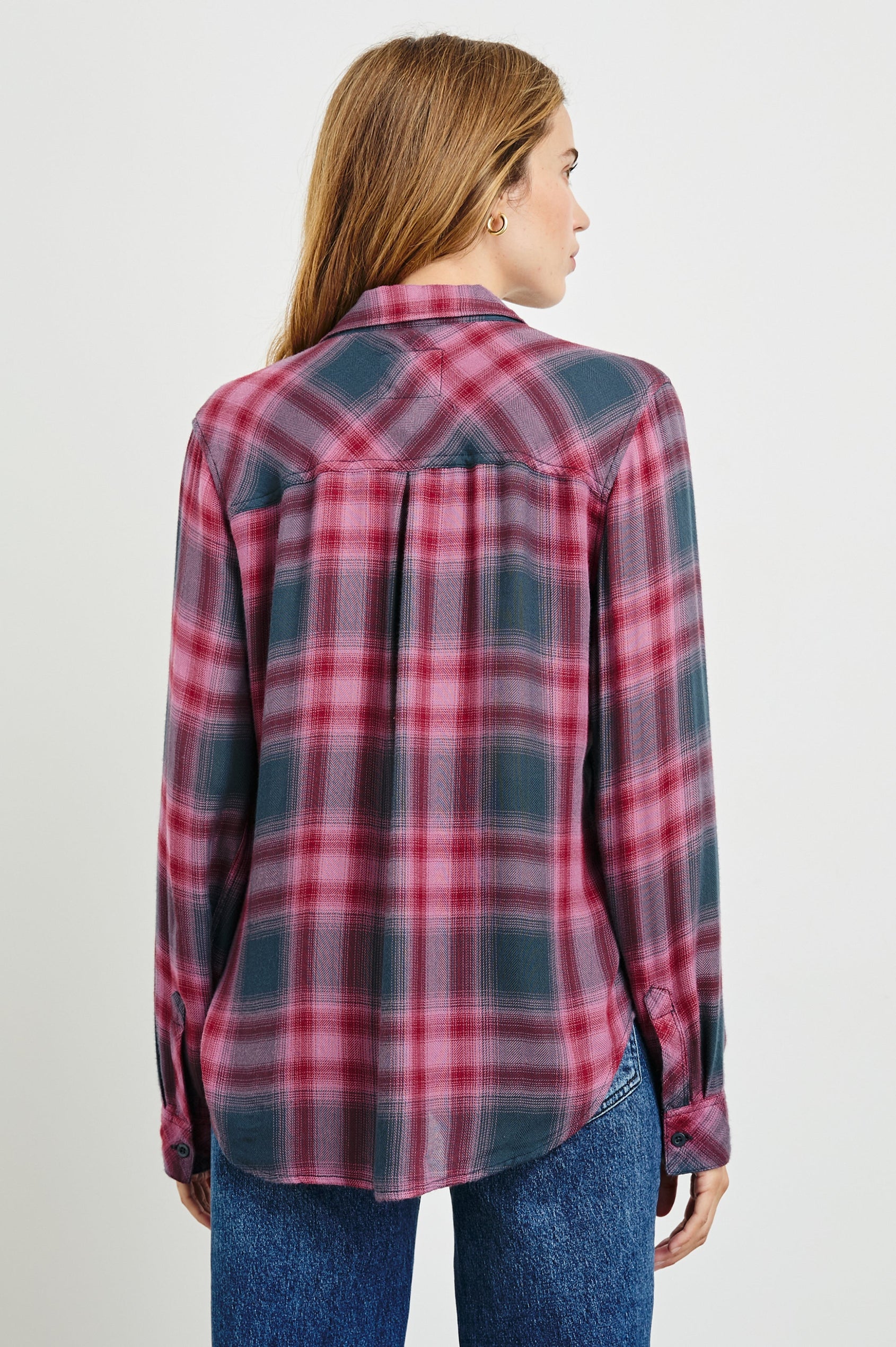 Hunter Long-Sleeve Button Up with a Chest Patch Pocket in Dusty Mauve Evergreen Colorway, plaid - Back View Featured on Model