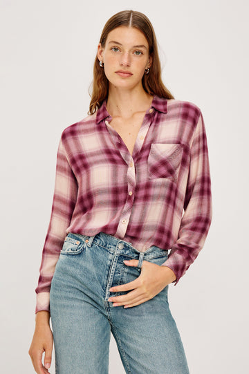 Hunter Long-Sleeve Button Up with a Chest Patch Pocket in Faded Plum Ivory Colorway, plaid  - Front View Featured on Model