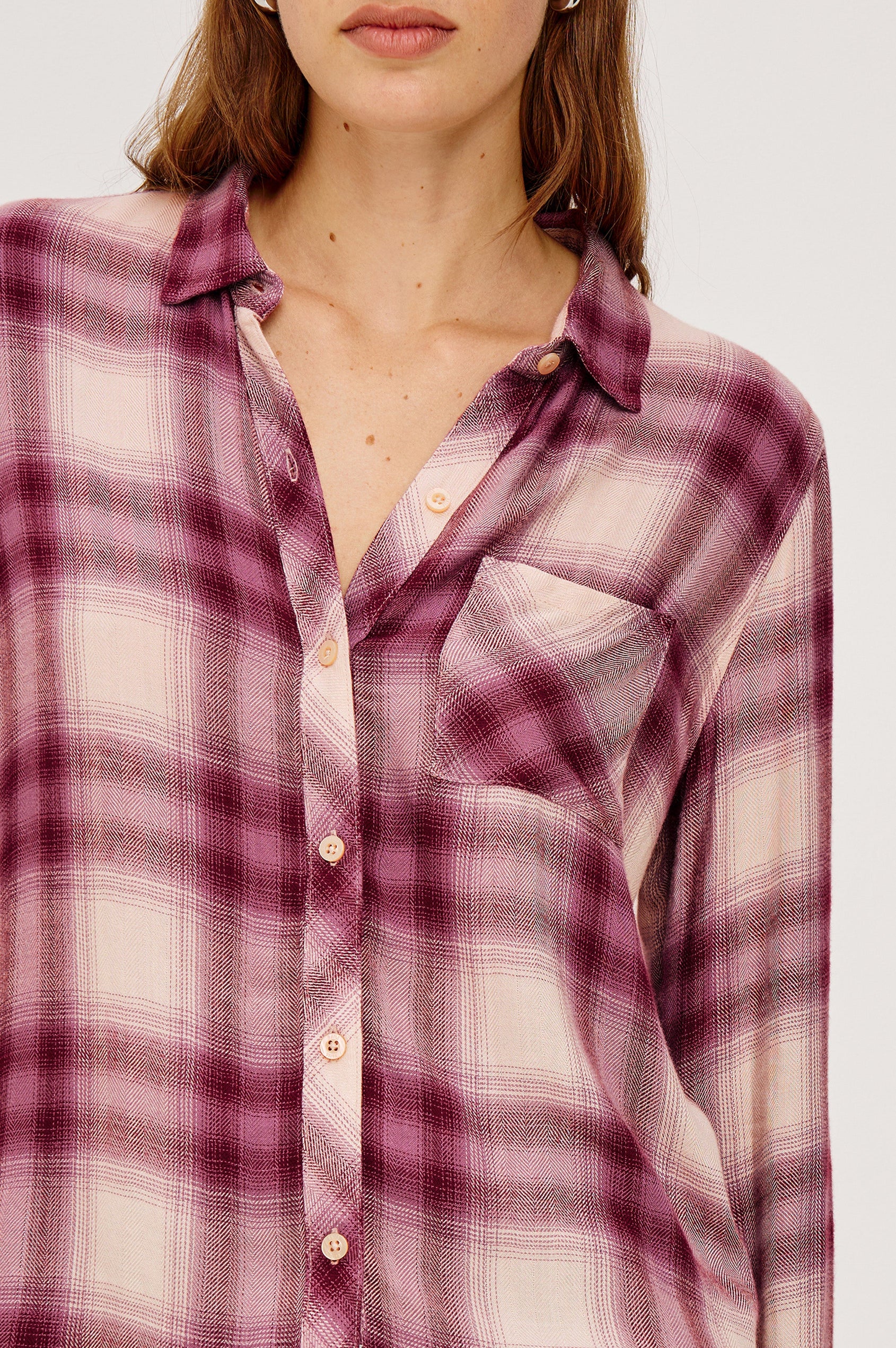 Hunter Long-Sleeve Button Up with a Chest Patch Pocket in Faded Plum Ivory Colorway, plaid  - Close up View Featured on Model