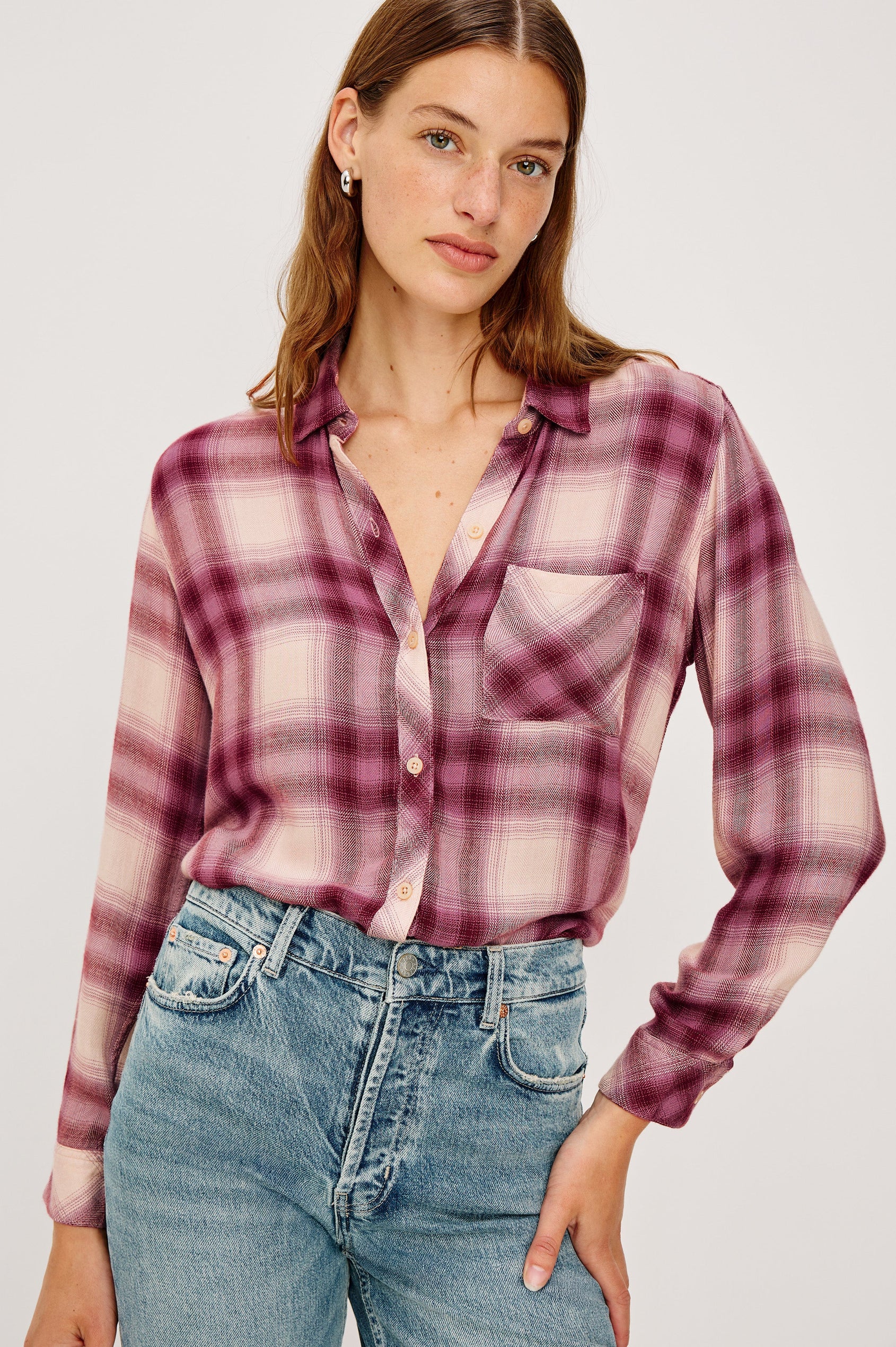 Hunter Long-Sleeve Button Up with a Chest Patch Pocket in Faded Plum Ivory Colorway, plaid  - Front View Featured on Model