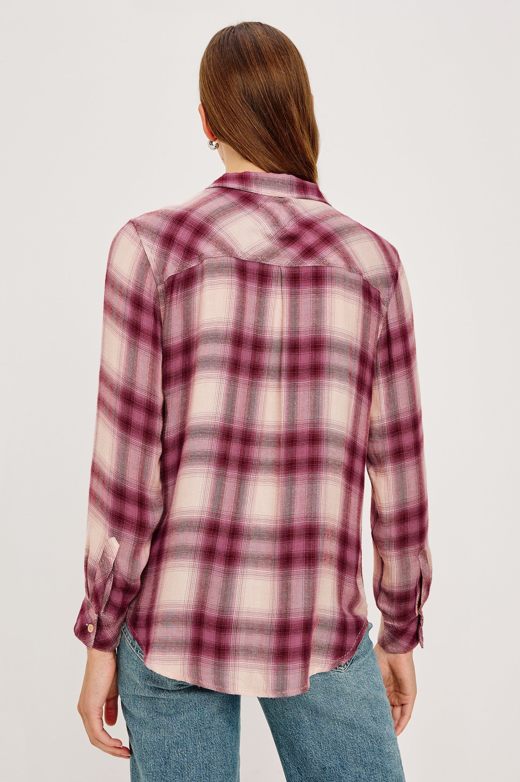 Hunter Long-Sleeve Button Up with a Chest Patch Pocket in Faded Plum Ivory Colorway, plaid  - Back View Featured on Model