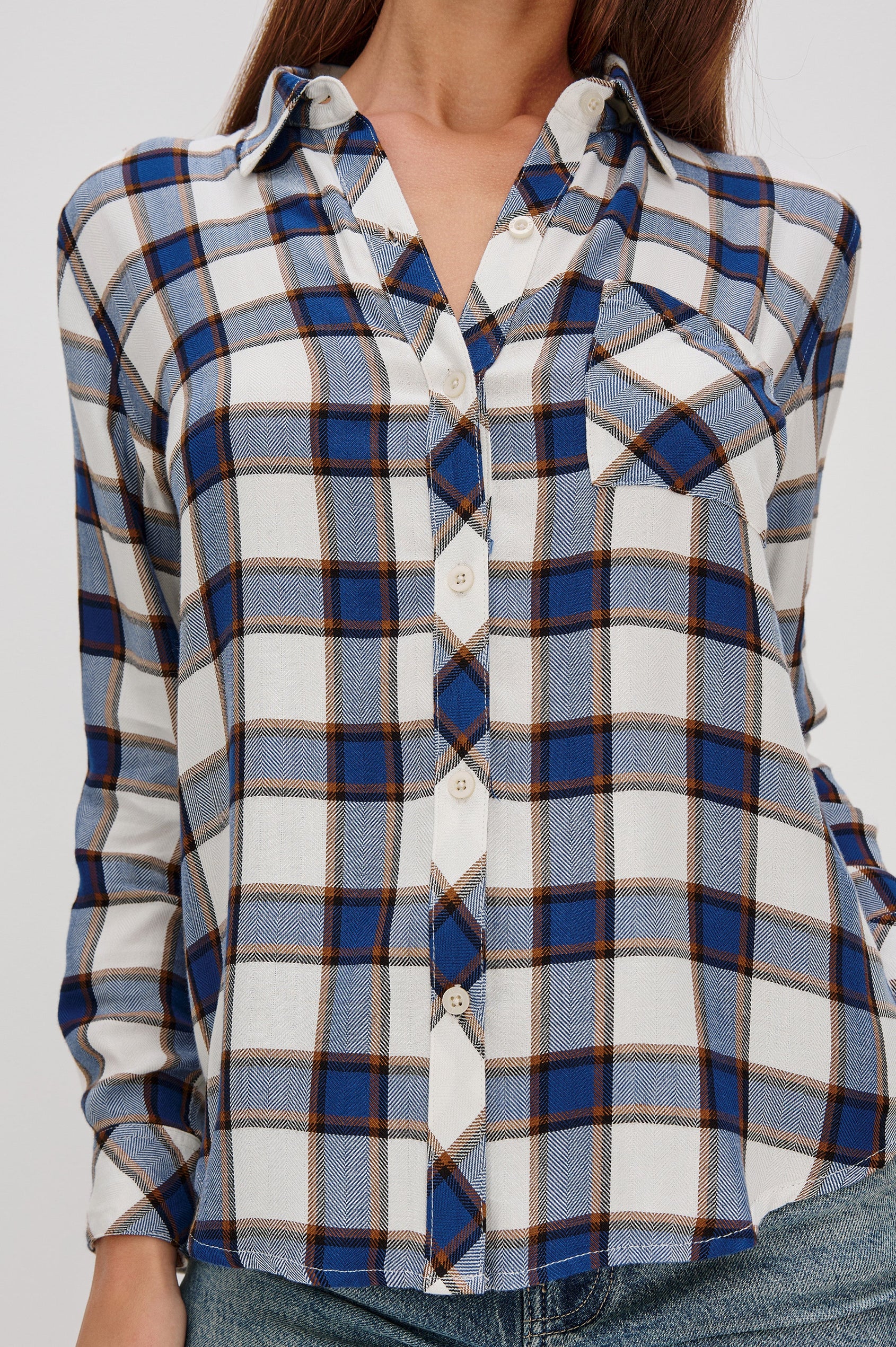 Hunter Long-Sleeve Button Up with a Chest Patch Pocket in Golden Cobalt Colorway, plaid - Front Detail View Featured on Model
