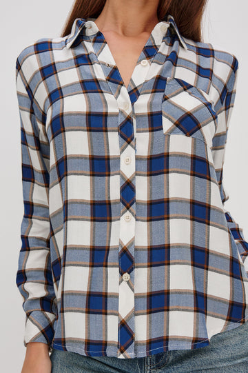 Hunter Long-Sleeve Button Up with a Chest Patch Pocket in Golden Cobalt Colorway, plaid - Front Detail View Featured on Model