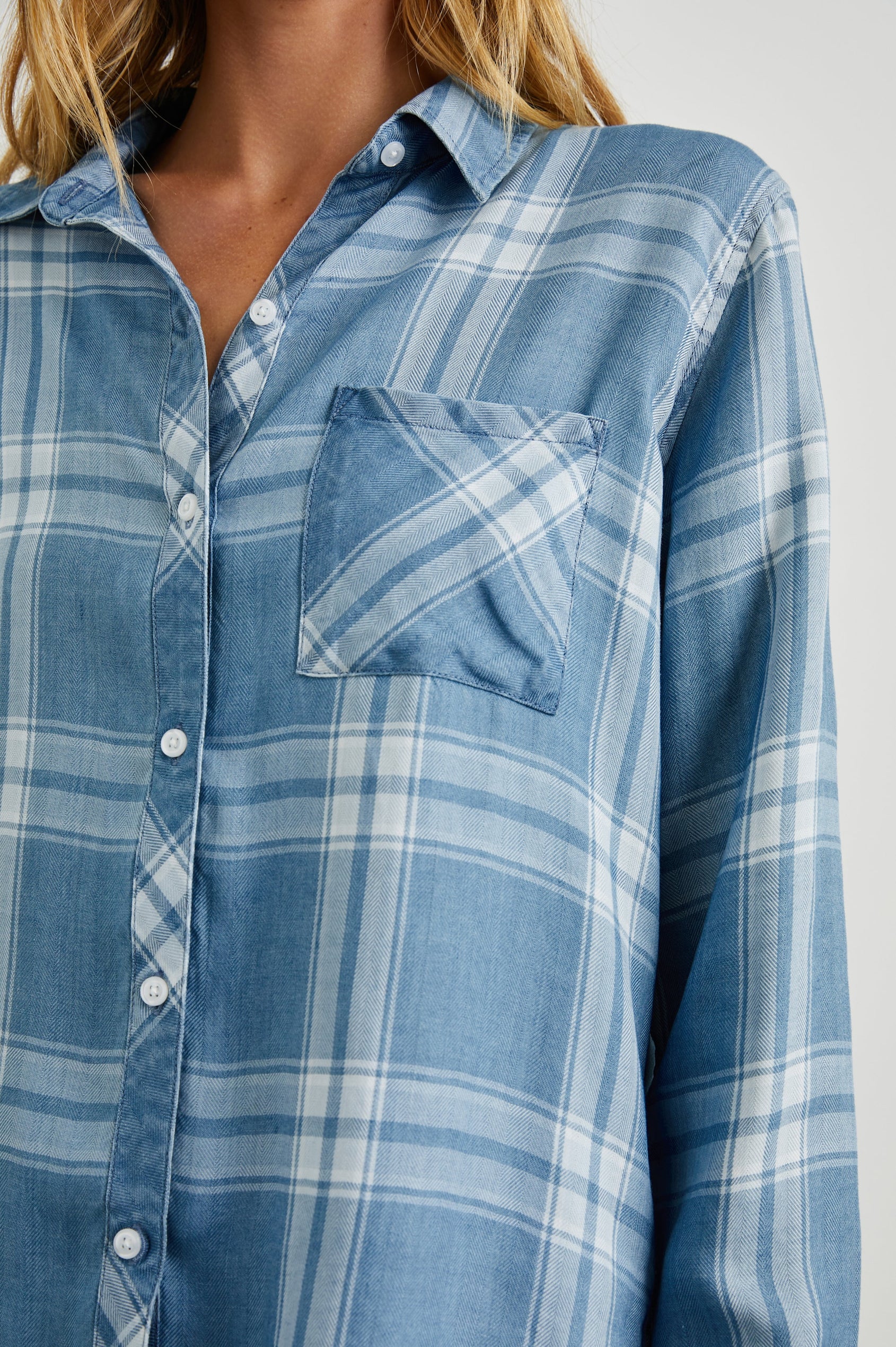 Hunter light blue and white plaid print button down shirt in Harbor White - close up of pattern on model