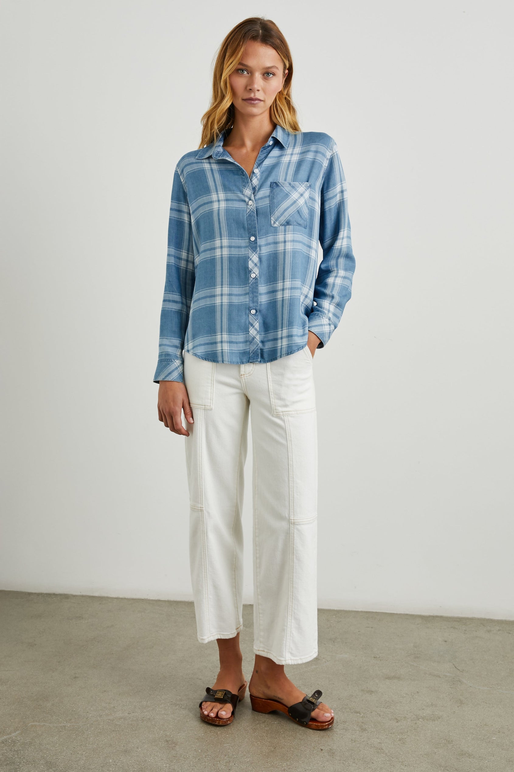 Hunter light blue and white plaid print button down shirt in Harbor White - full front body on model
