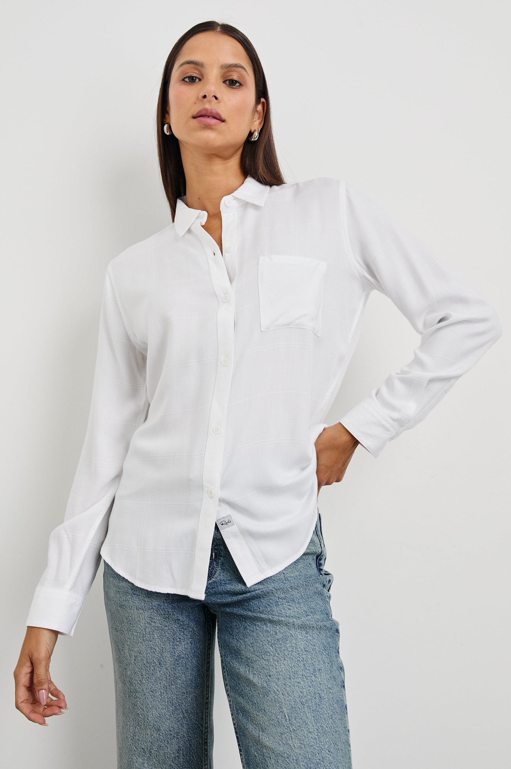 Hunter Long-Sleeve Button Up with a Chest Patch Pocket and Vertical and Horizontal Stitching in Ivory Check Colorway - Front View Featured on Model