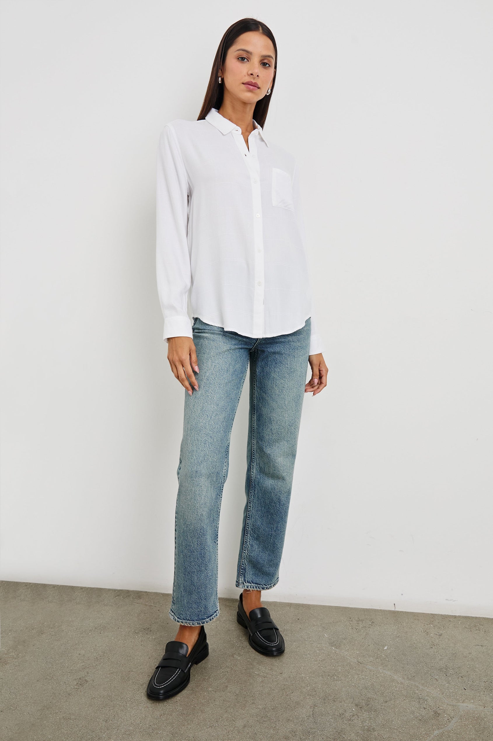 Hunter Long-Sleeve Button Up with a Chest Patch Pocket and Vertical and Horizontal Stitching in Ivory Check Colorway - Front Full Body View Featured on Model