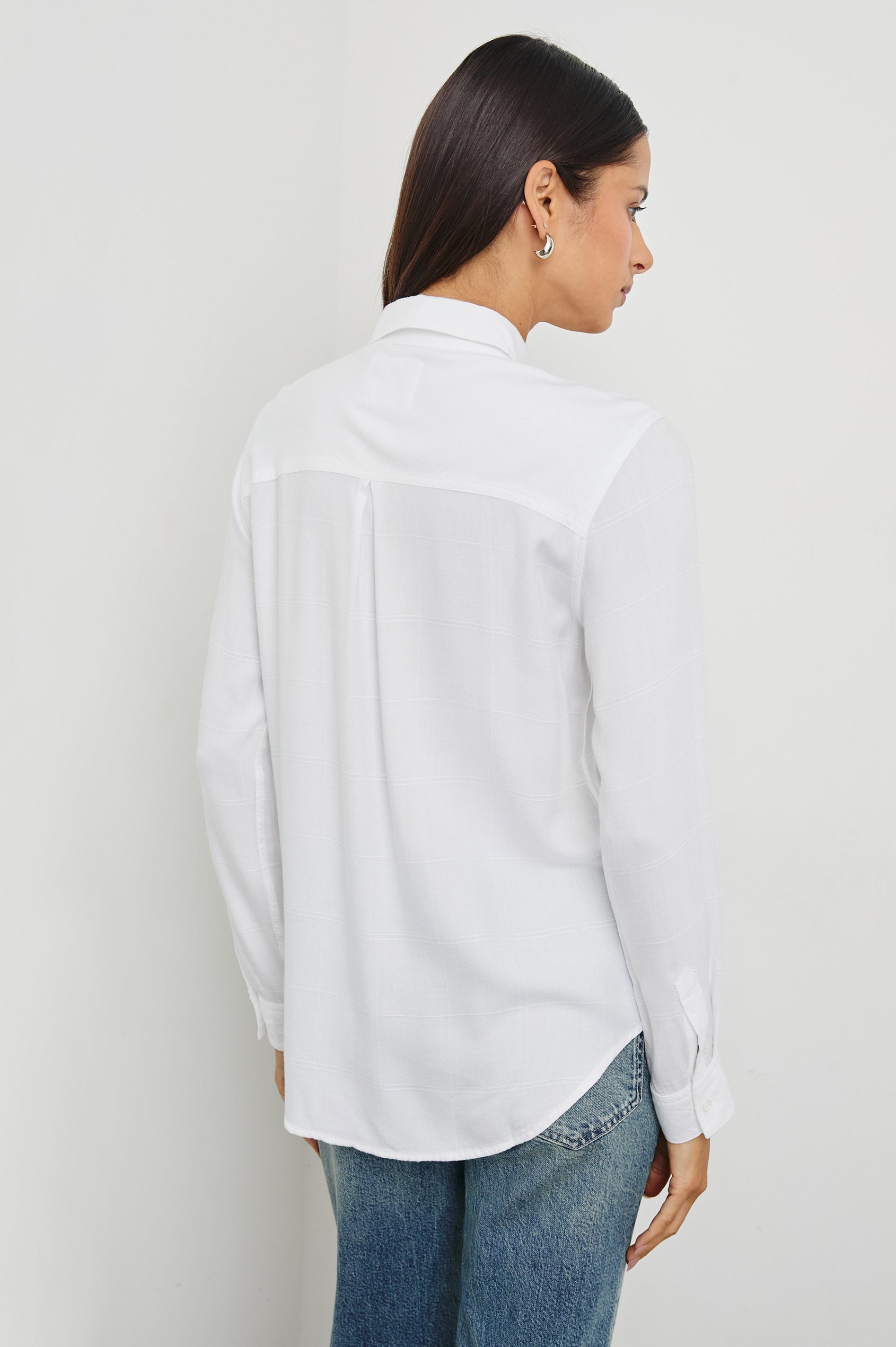 Hunter Long-Sleeve Button Up with a Chest Patch Pocket and Vertical and Horizontal Stitching in Ivory Check Colorway - Back View Featured on Model