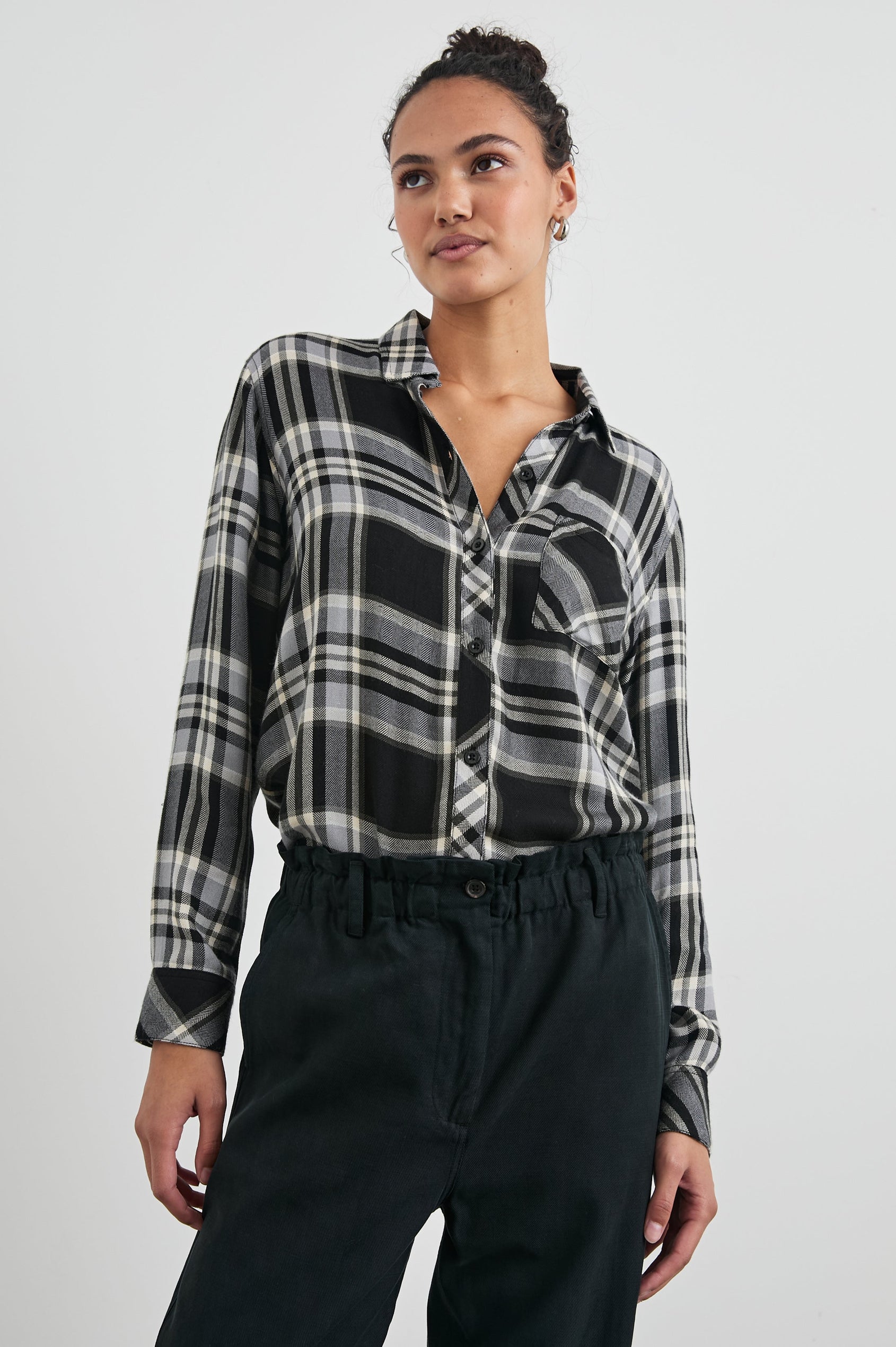Hunter Long-Sleeve Button Up with a Chest Patch Pocket in Ivory Cloud Colorway, black and white plaid - Front Tucked View Featured on Model