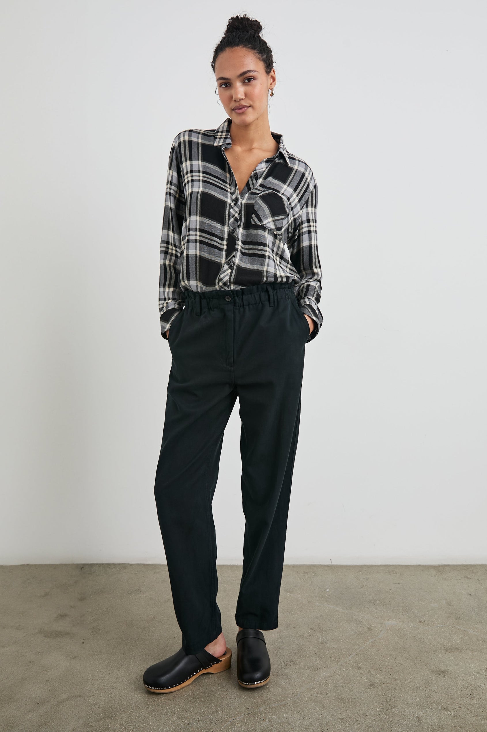 Hunter Long-Sleeve Button Up with a Chest Patch Pocket in Ivory Cloud Colorway, black and white plaid - Front Tucked Full Body View Featured on Model