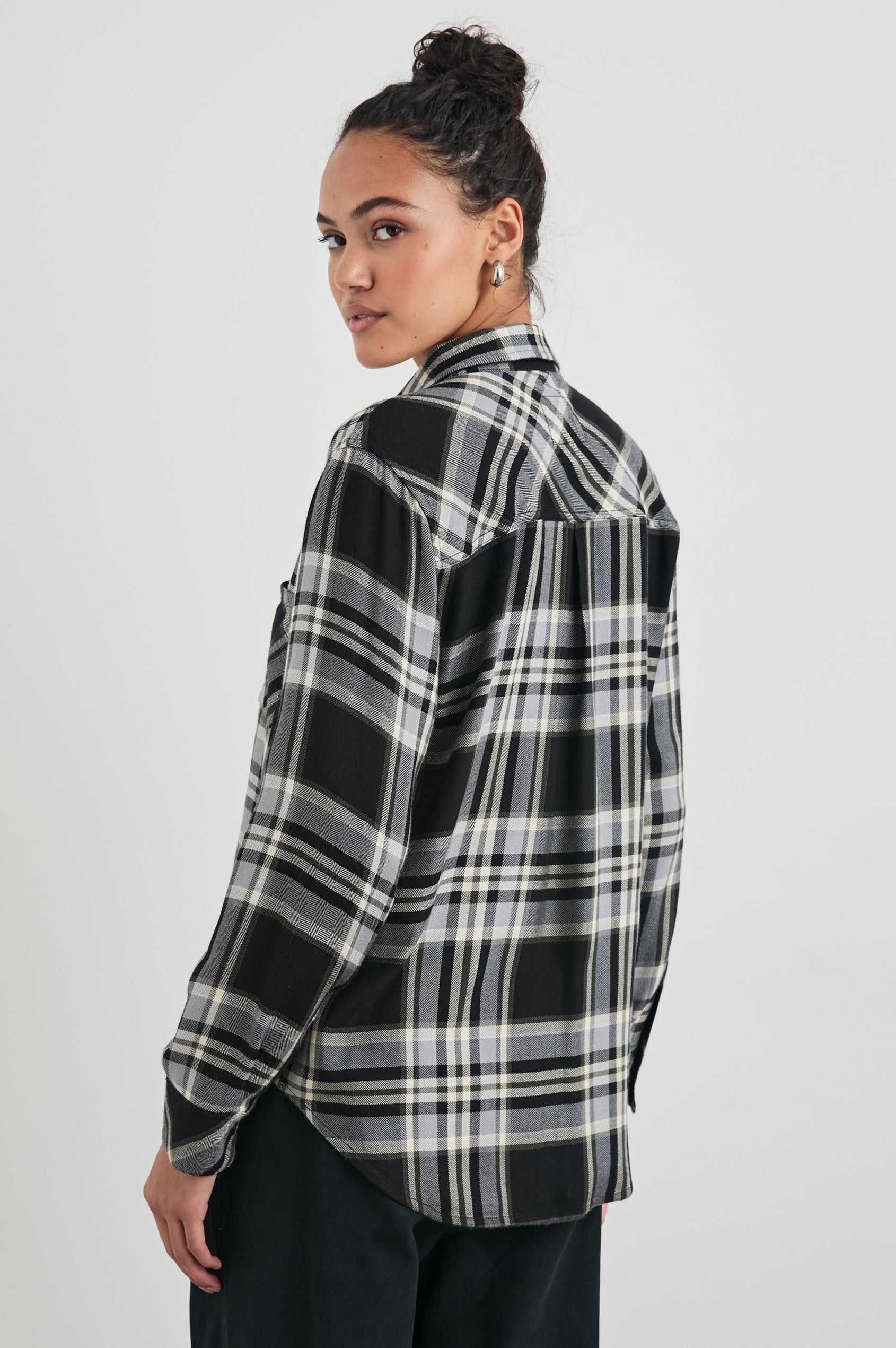 Hunter Long-Sleeve Button Up with a Chest Patch Pocket in Ivory Cloud Colorway, black and white plaid - Back View Featured on Model