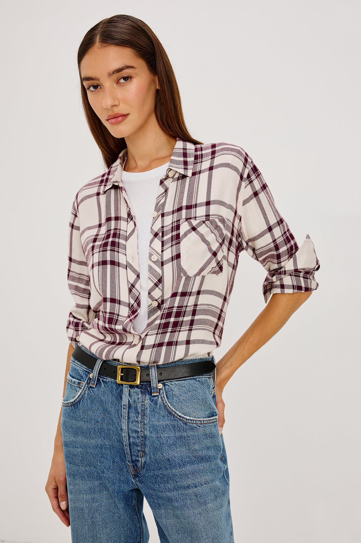 Hunter Button-Up Plaid Shirt in Signature Soft Rayon With Loose Twill Weave, With Collar and Long Sleeves in Ivory Maroon Colorway - Front View Featured on Model.