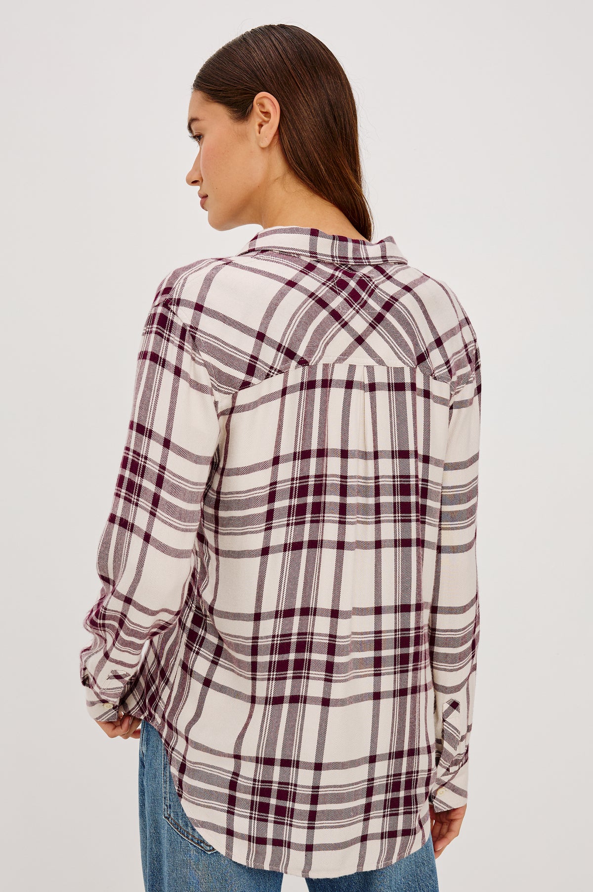 Hunter Button-Up Plaid Shirt in Signature Soft Rayon With Loose Twill Weave, With Collar and Long Sleeves in Ivory Maroon Colorway - Upper Body Back View Featured on Model.