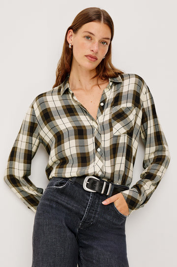 Hunter Long-Sleeve Button Up with a Chest Patch Pocket in Ivory Olive Ash Colorway, plaid - Front View Featured on Model