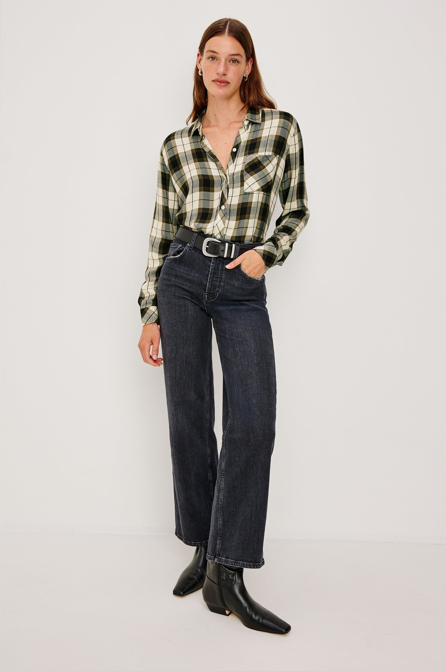 Hunter Long-Sleeve Button Up with a Chest Patch Pocket in Ivory Olive Ash Colorway, plaid - Full Body Front View Featured on Model