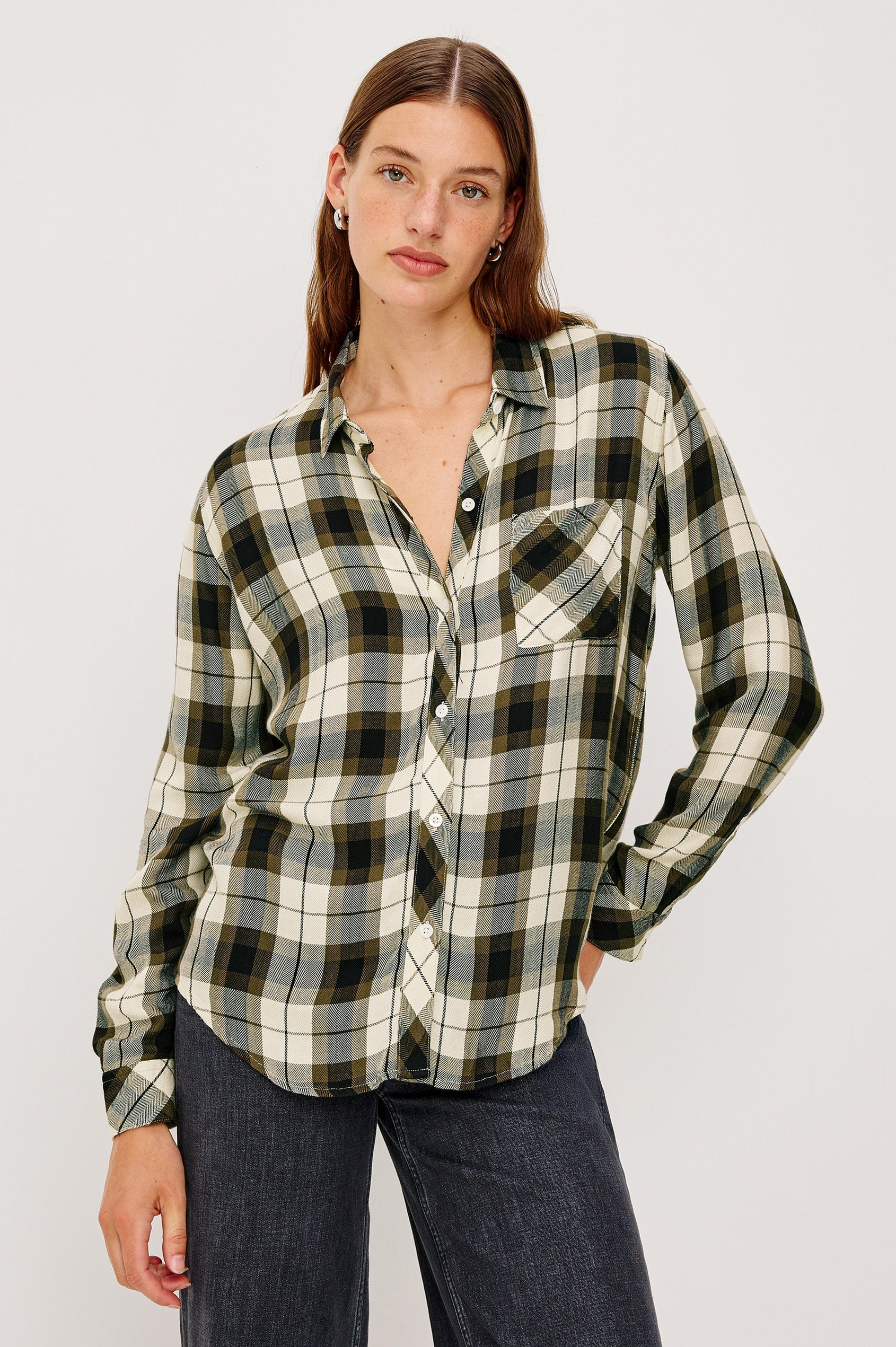 Hunter Long-Sleeve Button Up with a Chest Patch Pocket in Ivory Olive Ash Colorway, plaid - Front View Featured on Model