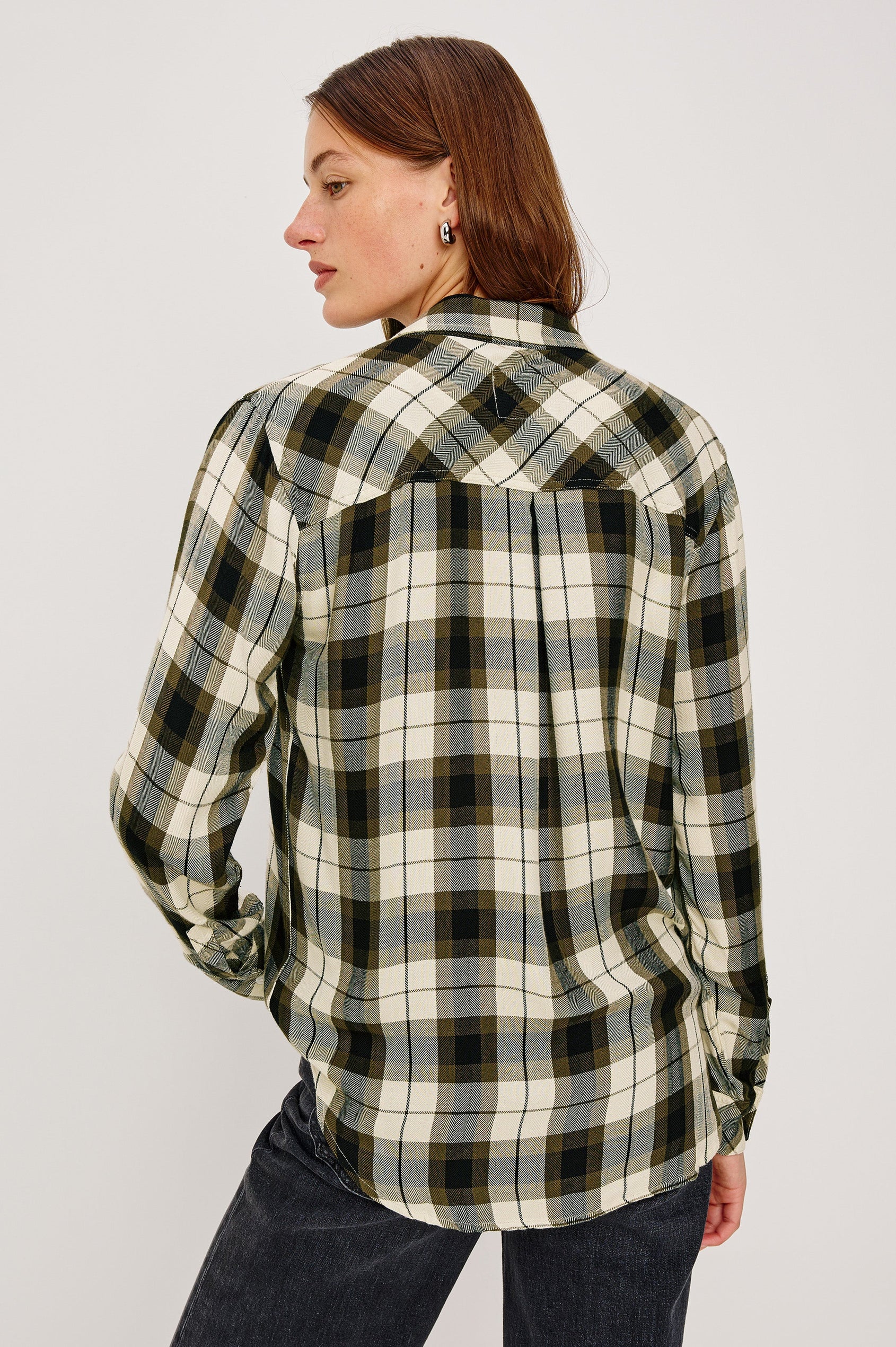 Hunter Long-Sleeve Button Up with a Chest Patch Pocket in Ivory Olive Ash Colorway, plaid - Back View Featured on Model