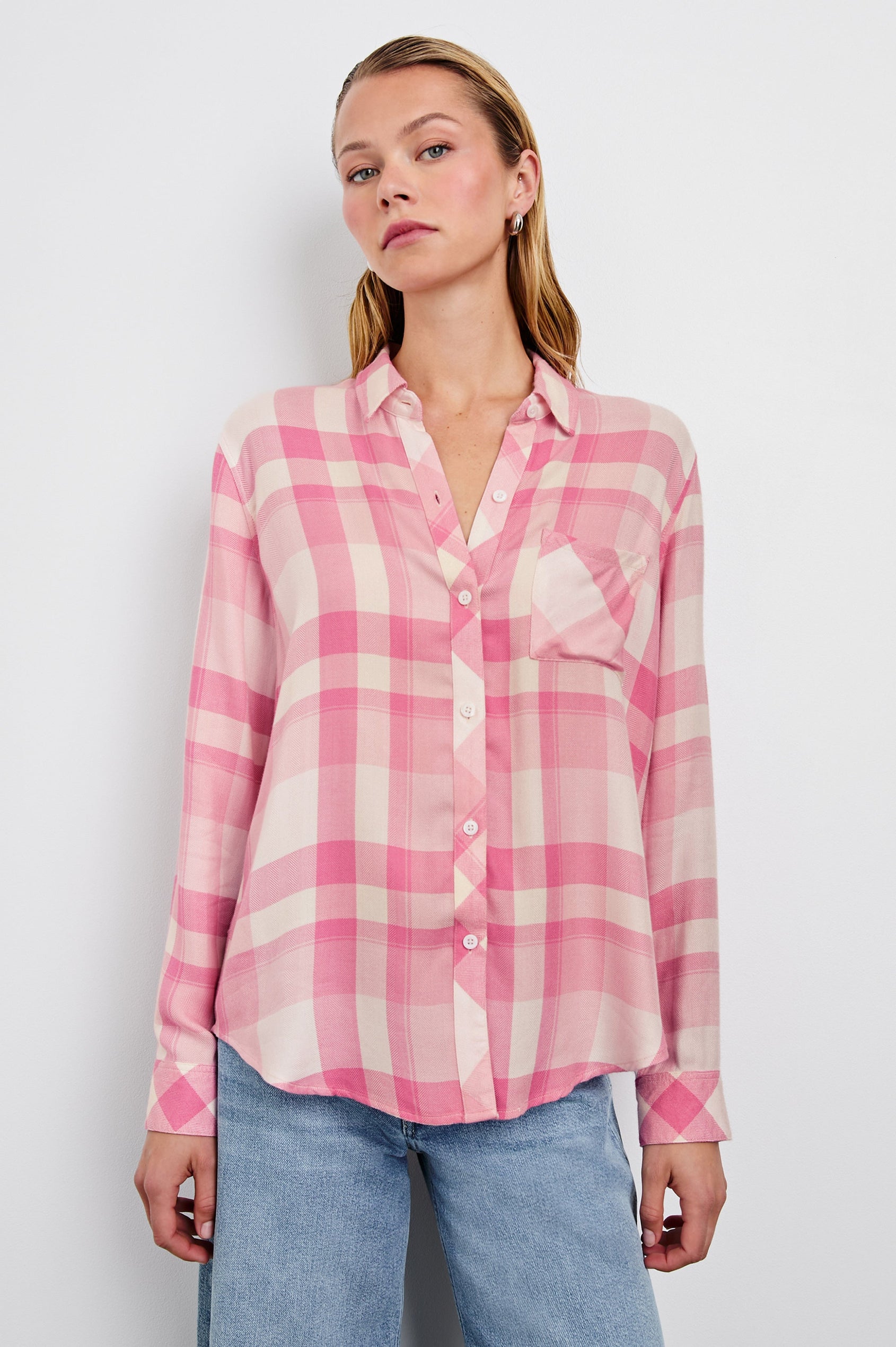 Hunter Long-Sleeve Button Up with a Chest Patch Pocket in Ivory Rose Colorway, plaid - Front View Featured on Model