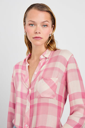 Hunter Long-Sleeve Button Up with a Chest Patch Pocket in Ivory Rose Colorway, plaid - Front View Featured on Model