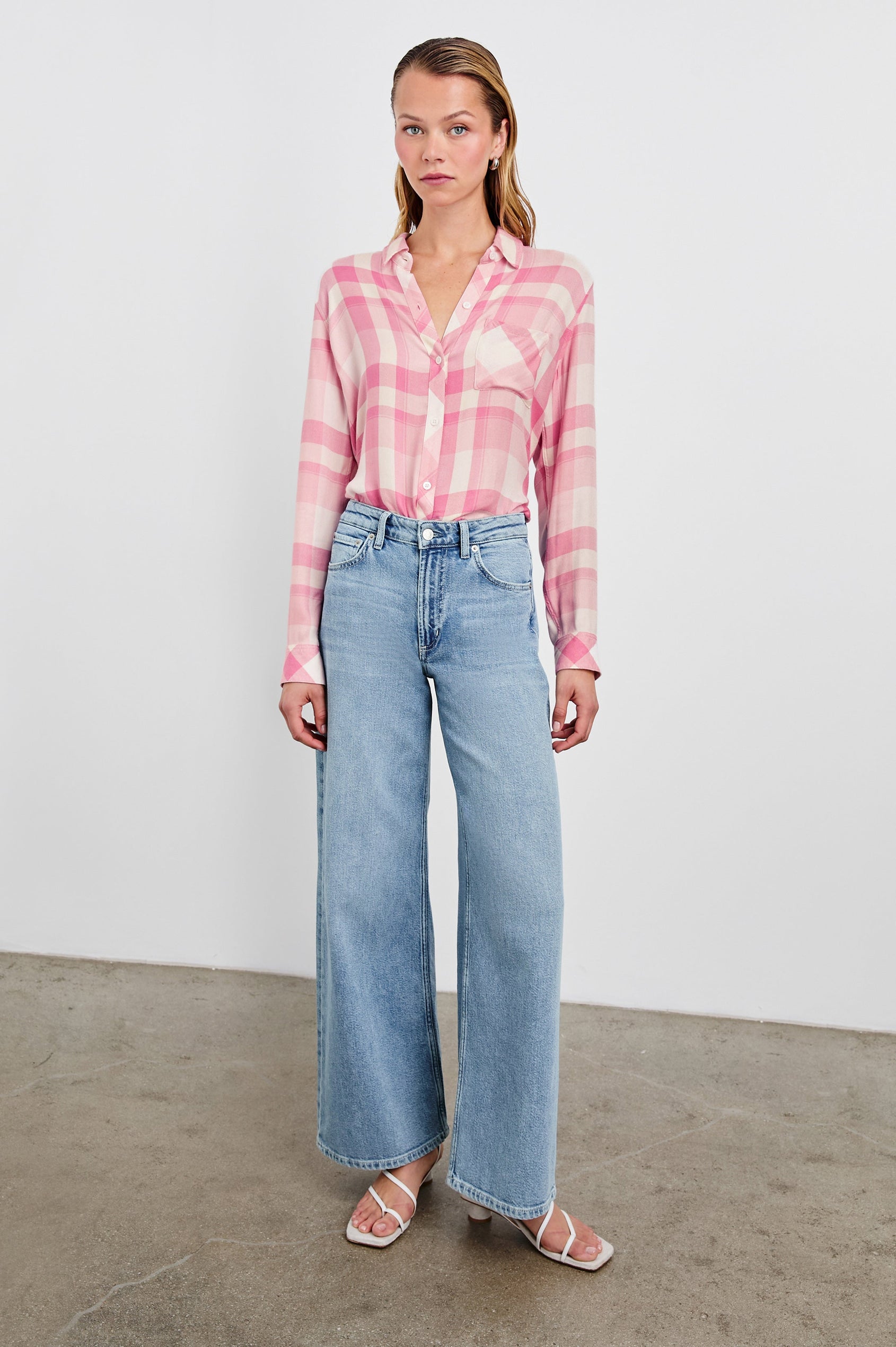 Hunter Long-Sleeve Button Up with a Chest Patch Pocket in Ivory Rose Colorway, plaid - Front Tucked Full Body View Featured on Model