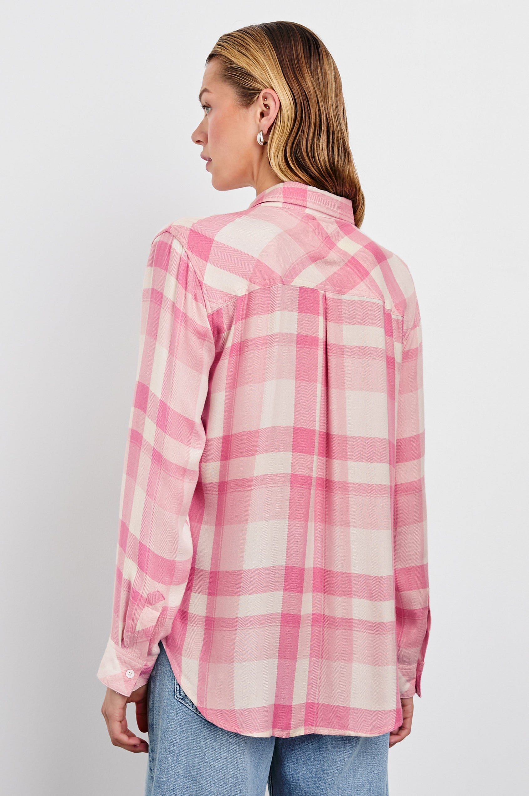 Hunter Long-Sleeve Button Up with a Chest Patch Pocket in Ivory Rose Colorway, plaid - Back View Featured on Model