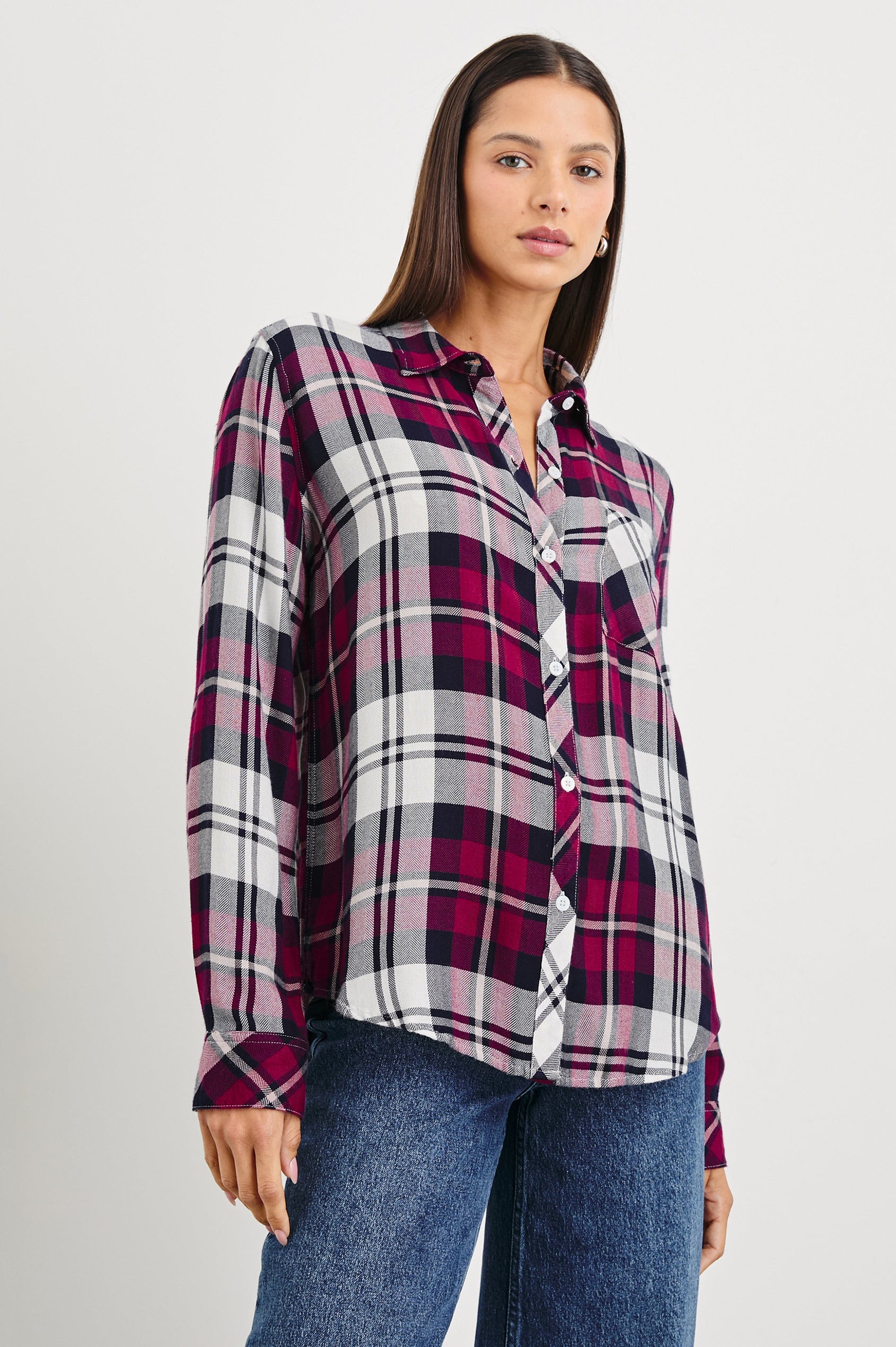 Hunter Long-Sleeve Button Up with a Chest Patch Pocket in Lychee Navy White Colorway, plaid - Front View Featured on Model