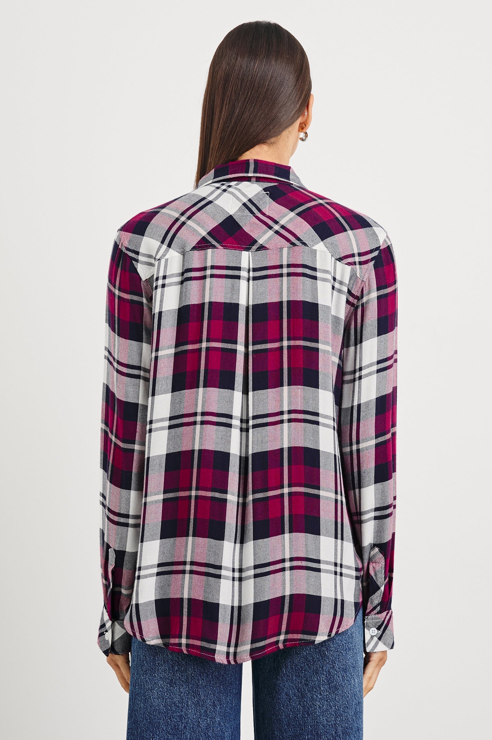 Hunter Long-Sleeve Button Up with a Chest Patch Pocket in Lychee Navy White Colorway, plaid - Back View Featured on Model