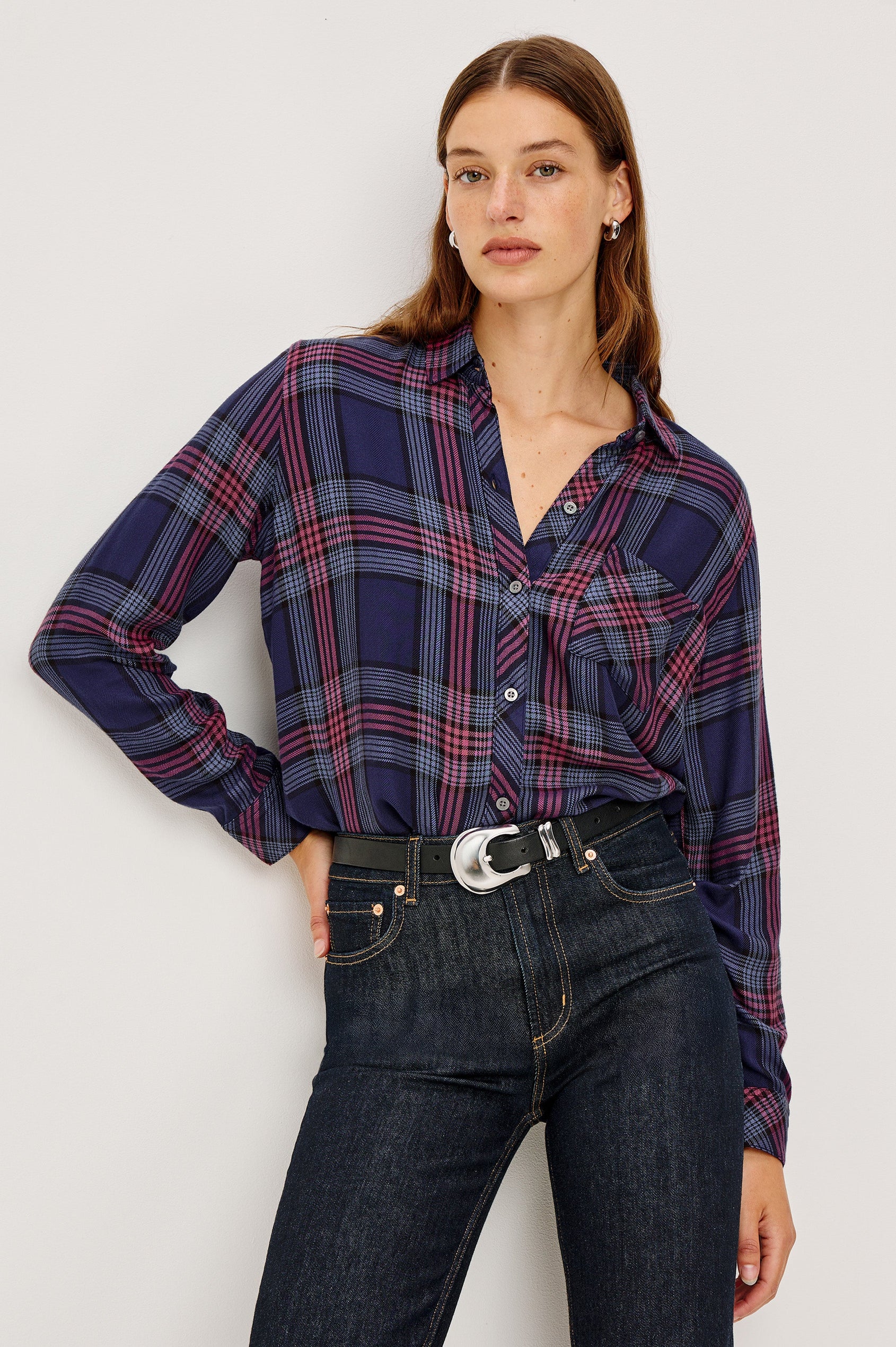 Hunter Long-Sleeve Button Up with a Chest Patch Pocket in Navy Rose Astor Colorway, plaid  - Front Tucked View Featured on Model