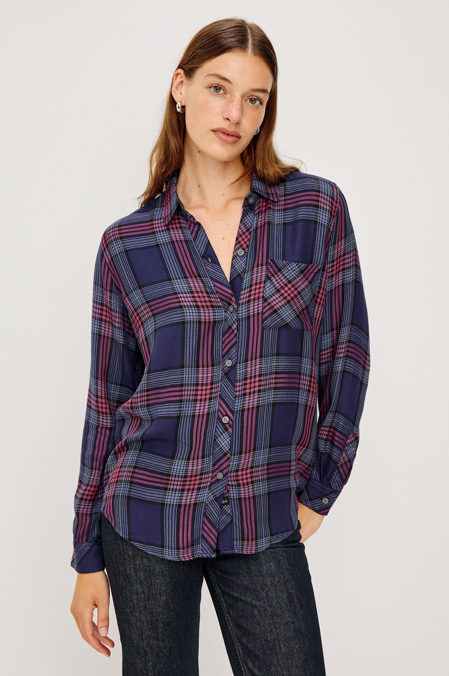 Hunter Long-Sleeve Button Up with a Chest Patch Pocket in Navy Rose Astor Colorway, plaid  - Front Untucked View Featured on Model