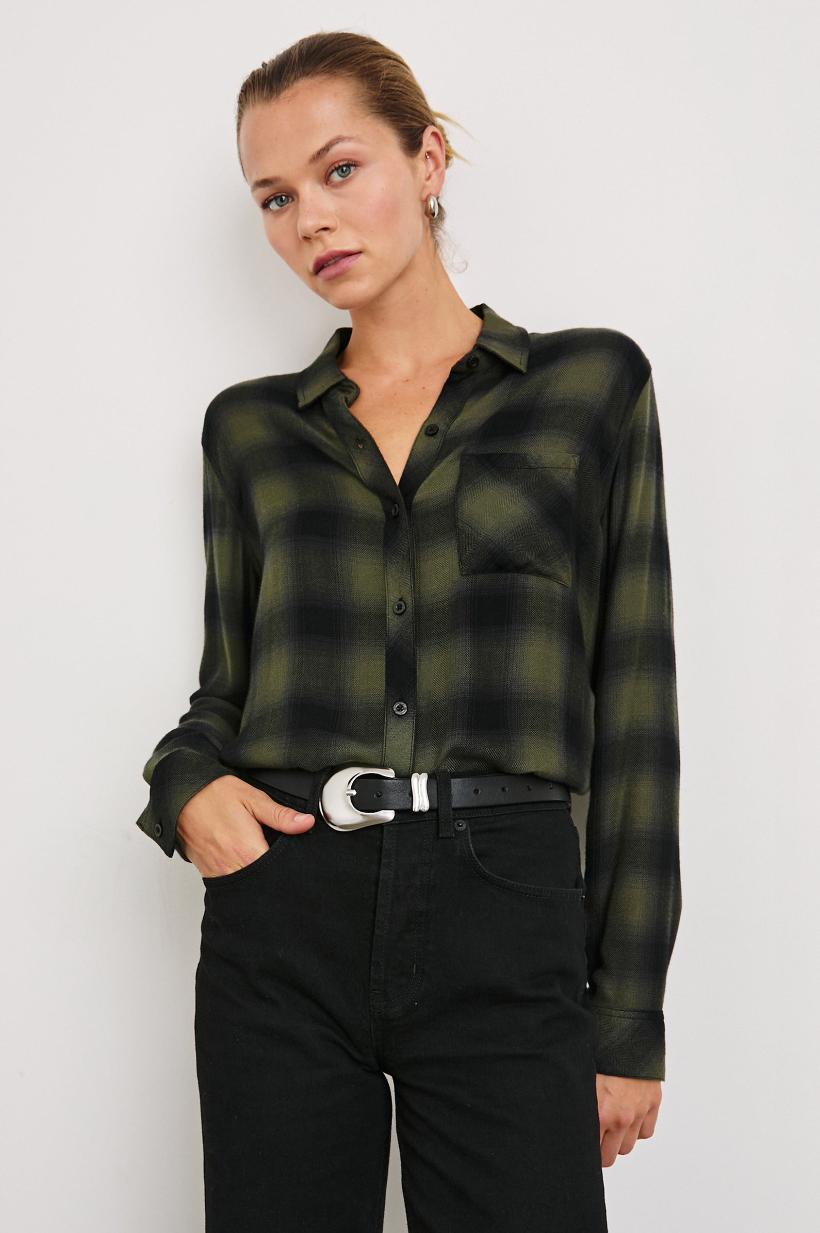 Hunter Long-Sleeve Button Up with a Chest Patch Pocket in Olive Shadow Onyx Colorway, plaid - Front Tucked View Featured on Model