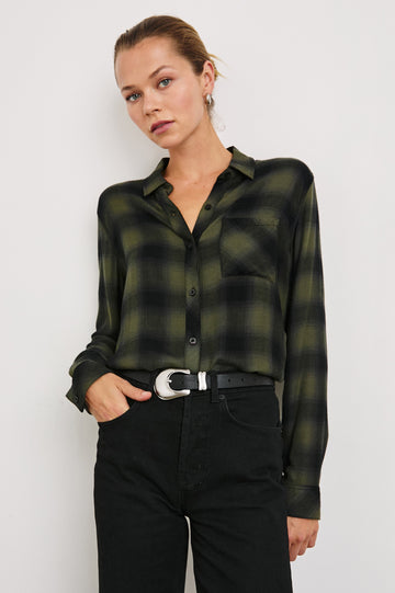 Hunter Long-Sleeve Button Up with a Chest Patch Pocket in Olive Shadow Onyx Colorway, plaid - Front Tucked View Featured on Model
