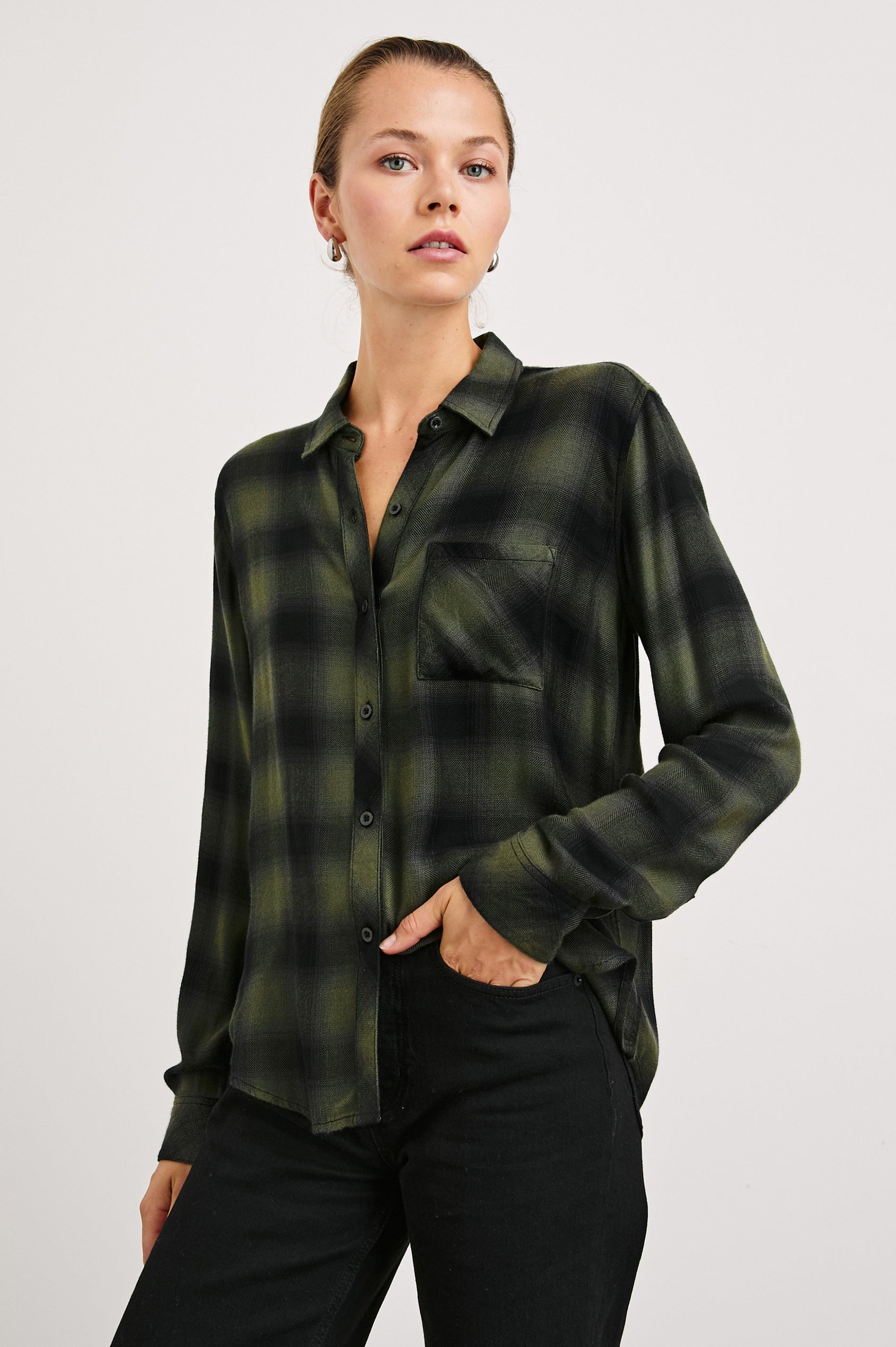 Hunter Long-Sleeve Button Up with a Chest Patch Pocket in Olive Shadow Onyx Colorway, plaid - Front View Featured on Model