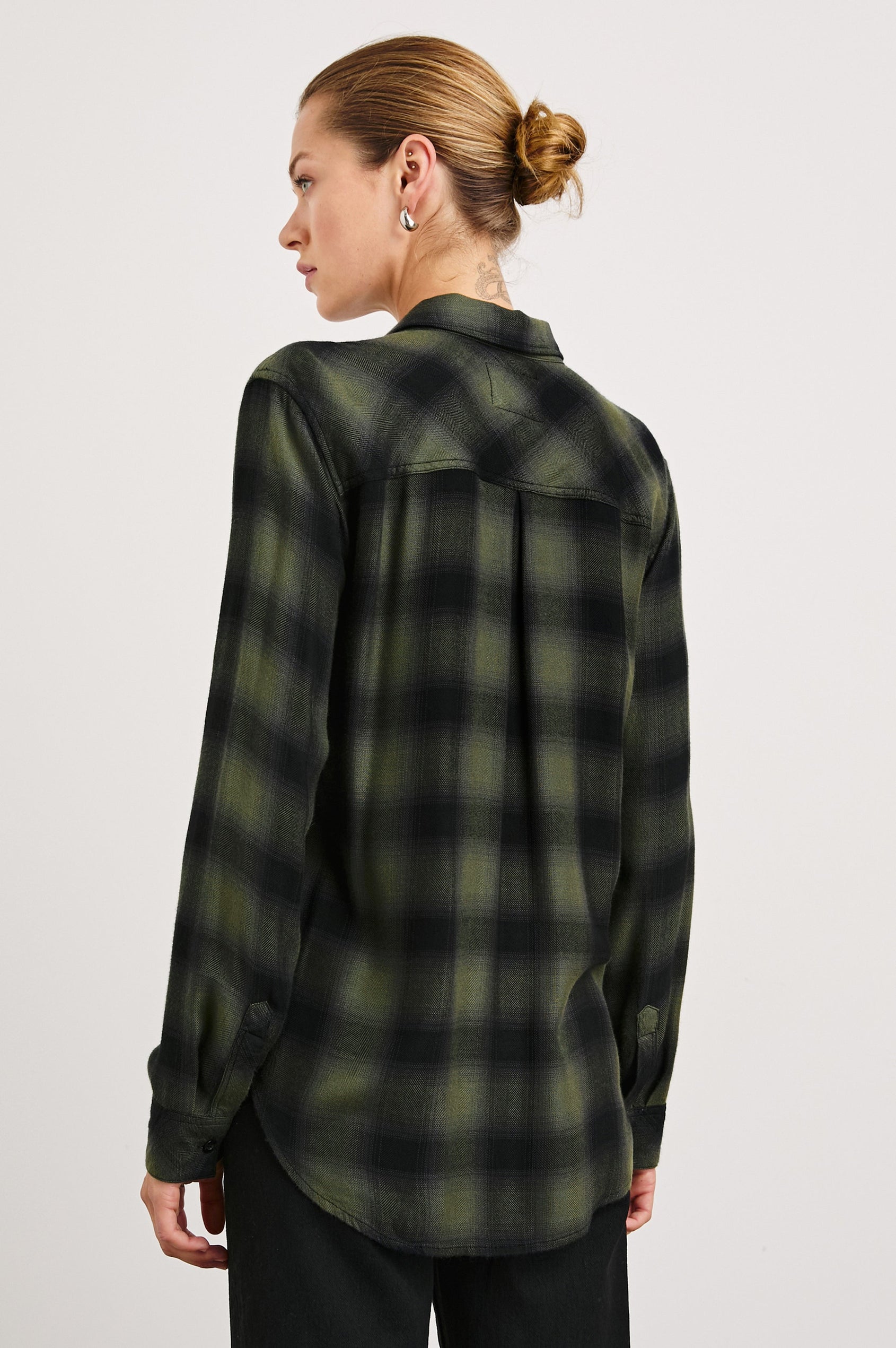 Hunter Long-Sleeve Button Up with a Chest Patch Pocket in Olive Shadow Onyx Colorway, plaid - Back View Featured on Model
