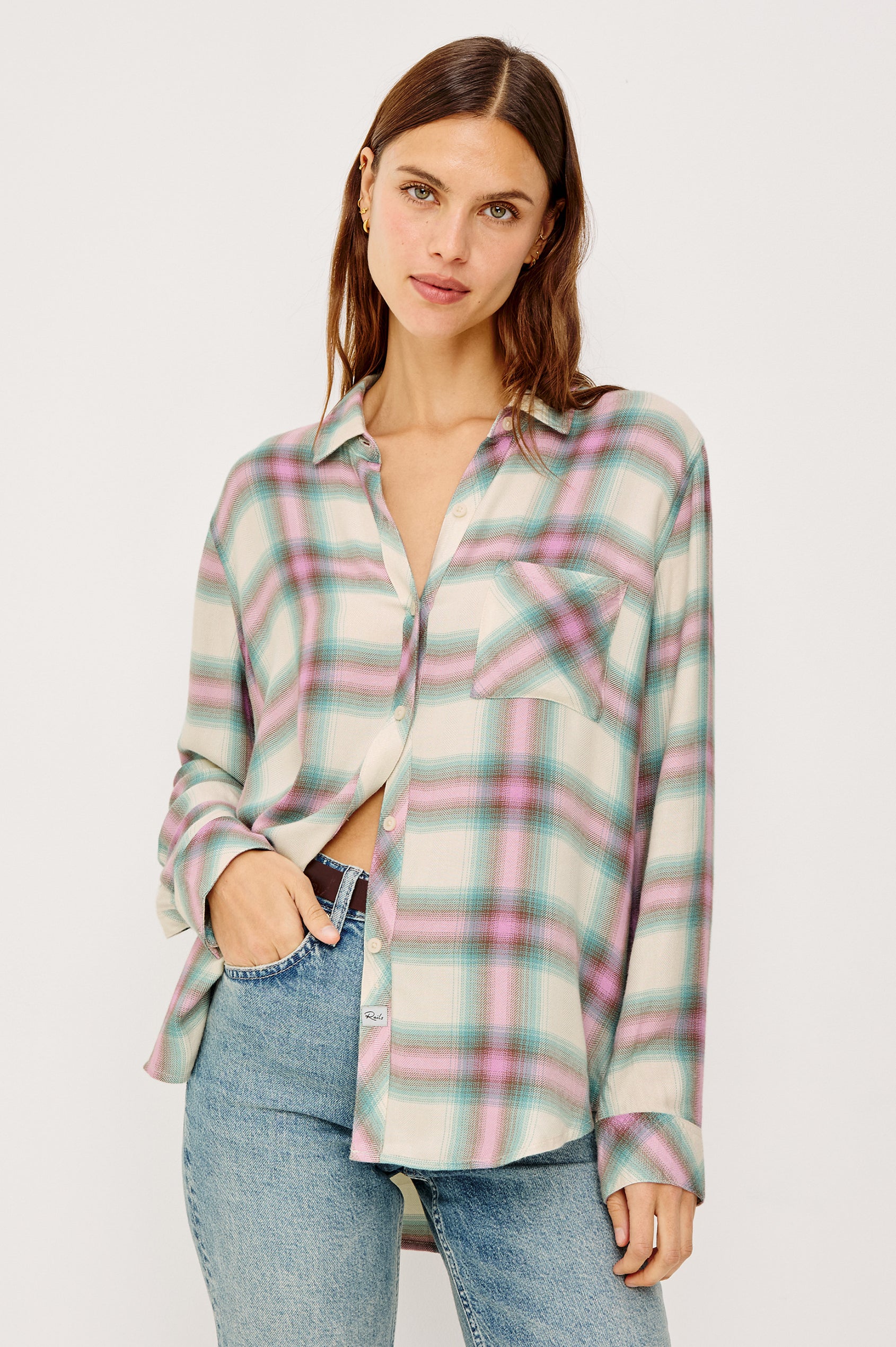 Hunter Button-Up Shirt in Signature Rayon With Collar, Front Buttons, Chest Patch Pocket, and Long Sleeves in Periwinkle Blue Plaid Colorway - Upper Body Front View Featured on Model