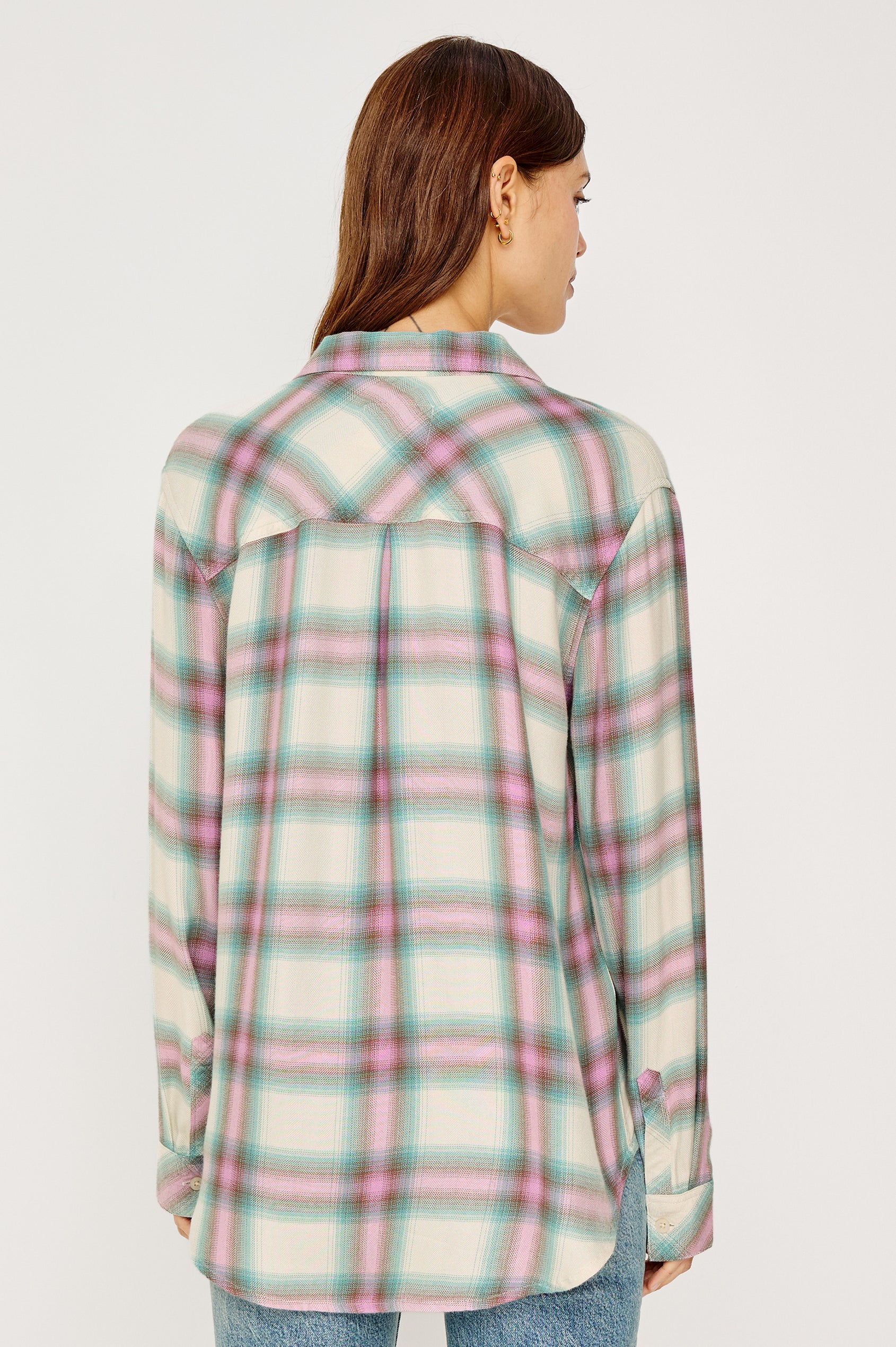 Hunter Button-Up Shirt in Signature Rayon With Collar, Front Buttons, Chest Patch Pocket, and Long Sleeves in Periwinkle Blue Plaid Colorway - Upper Body Back View Featured on Model