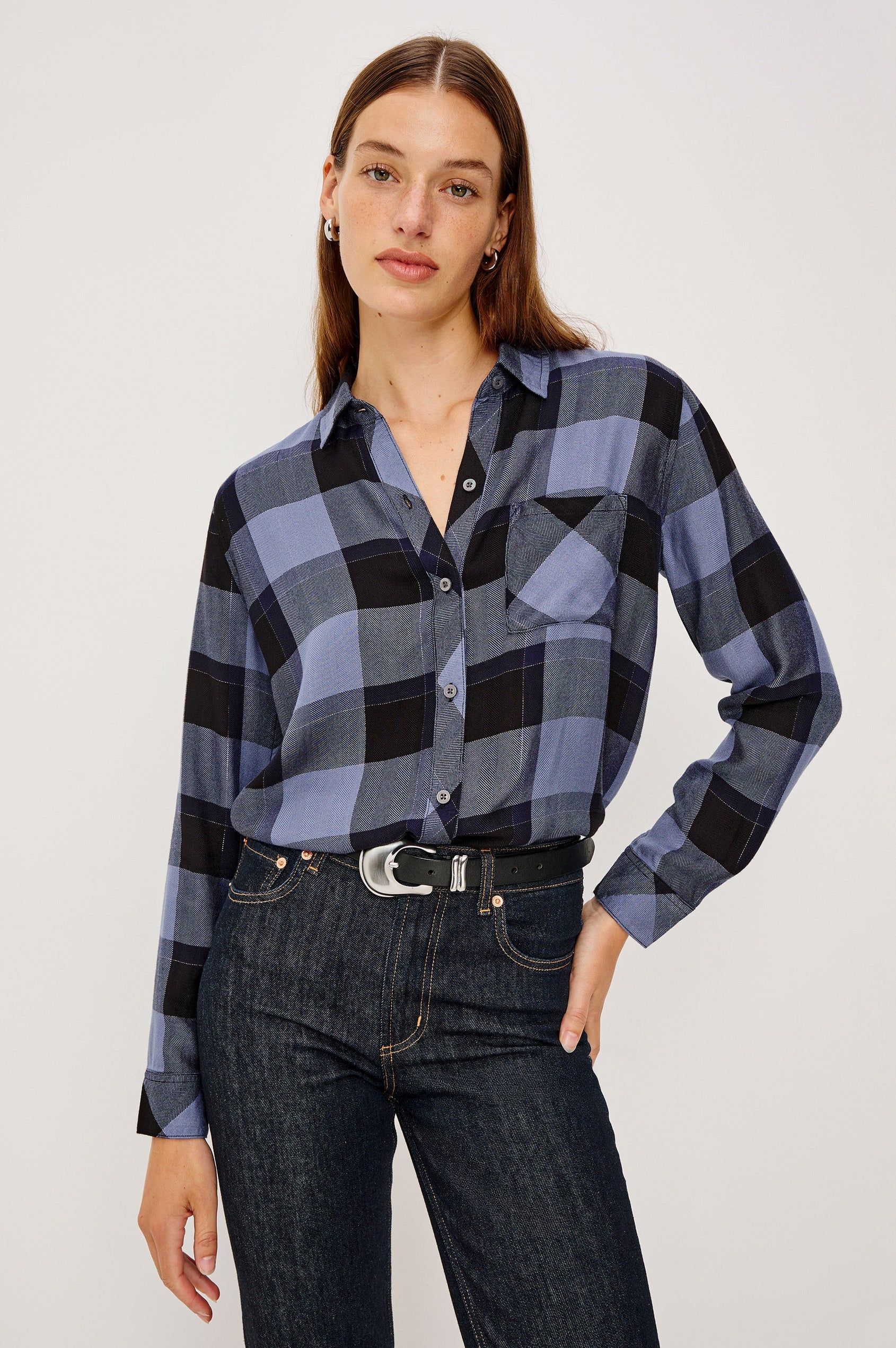 Hunter Long-Sleeve Button Up with a Chest Patch Pocket in Periwinkle Navy Silver Lurex Colorway, plaid  - Front View Featured on Model