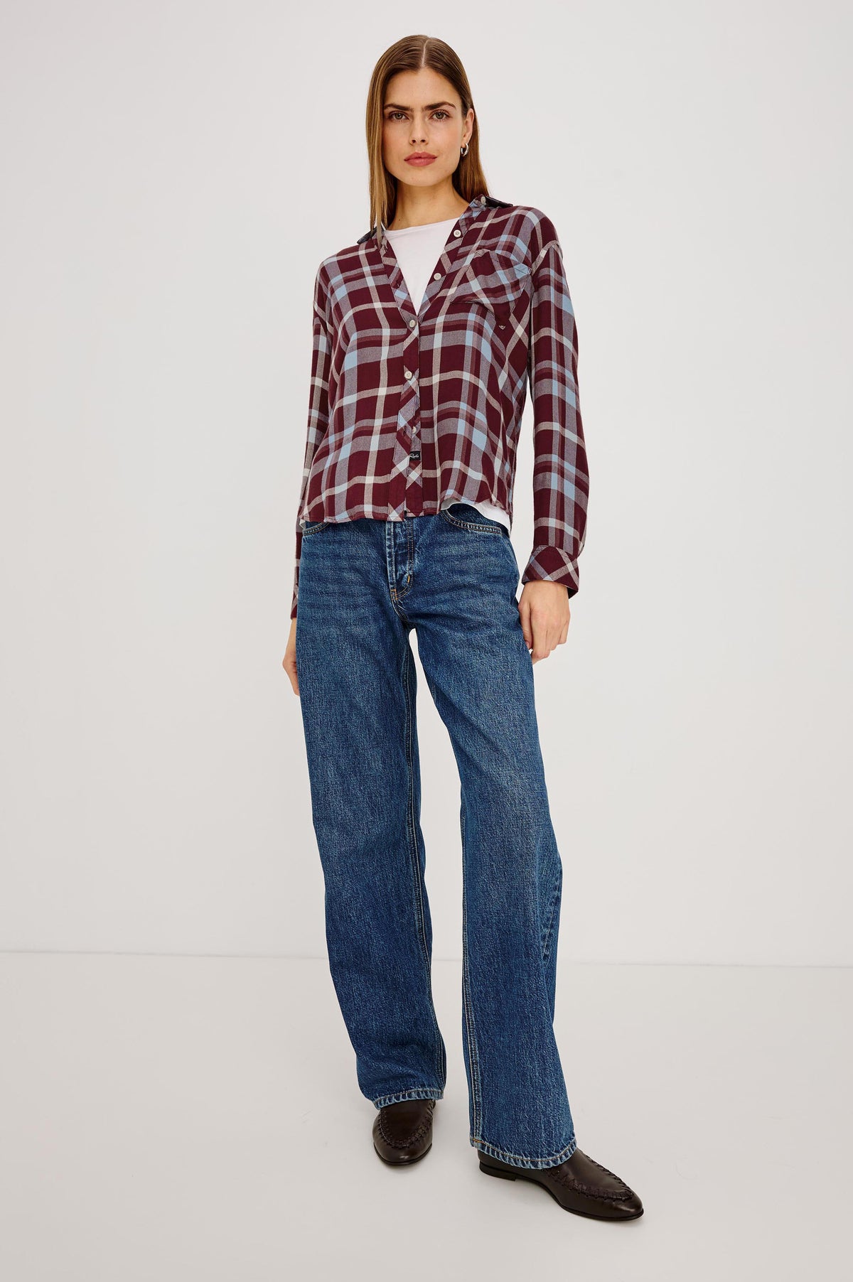 Hunter Button-Up Plaid Shirt in Signature Soft Rayon With Loose Twill Weave, With Collar and Long Sleeves in Plum Cream Colorway - Full Body Front View Featured on Model