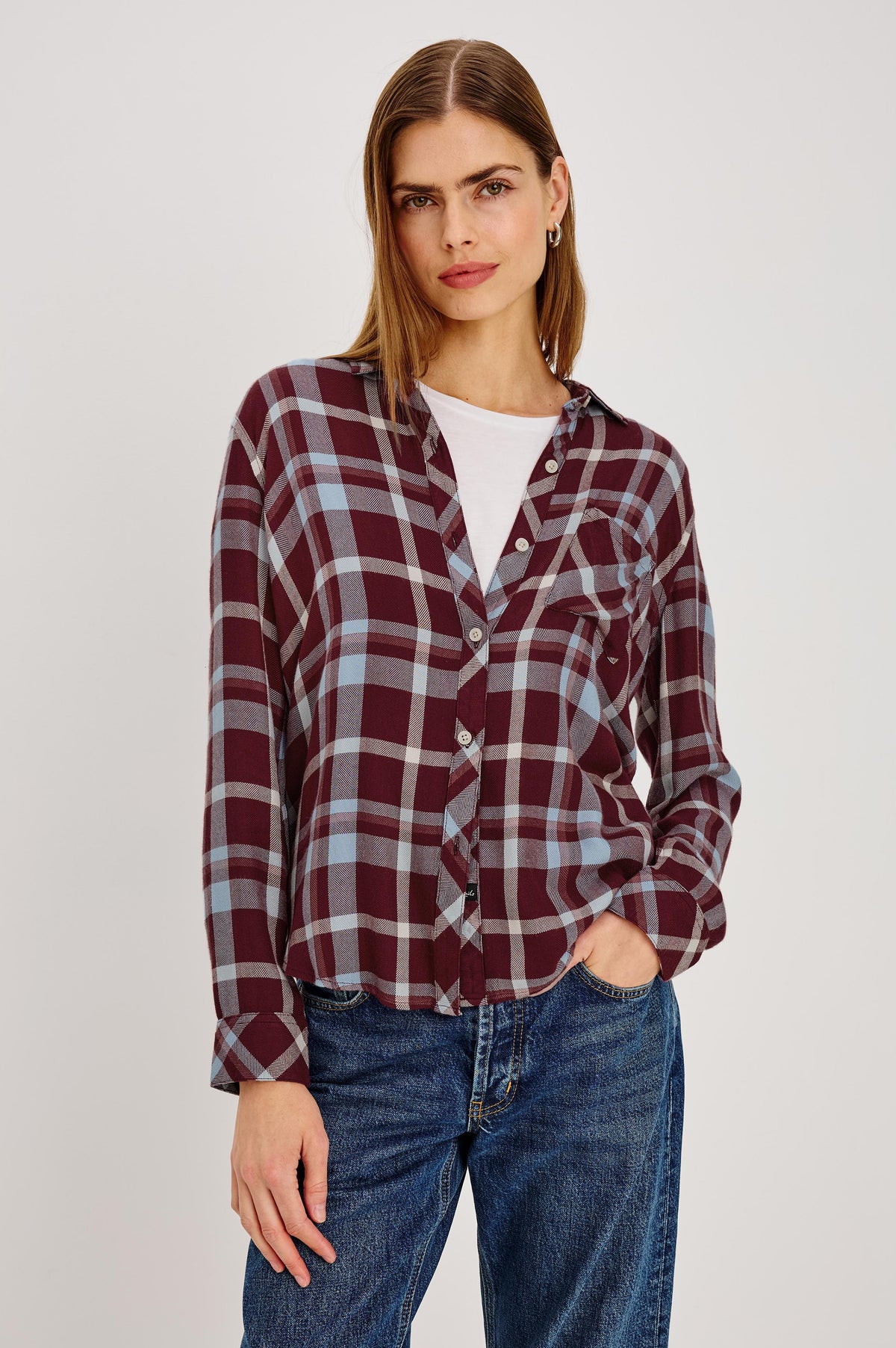 Hunter Button-Up Plaid Shirt in Signature Soft Rayon With Loose Twill Weave, With Collar and Long Sleeves in Plum Cream Colorway - Upper Body Front View Featured on Model