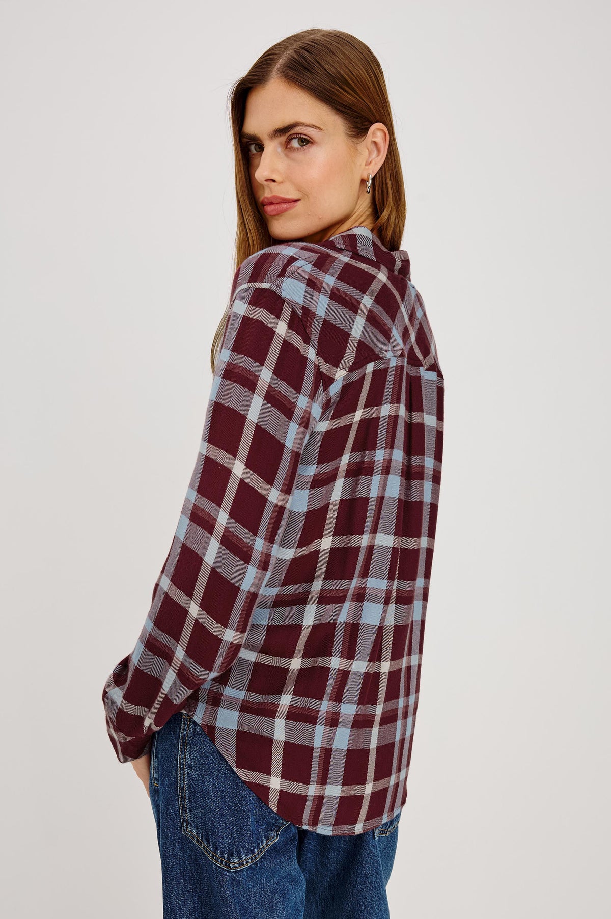 Hunter Button-Up Plaid Shirt in Signature Soft Rayon With Loose Twill Weave, With Collar and Long Sleeves in Plum Cream Colorway - Upper Body Side View Featured on Model