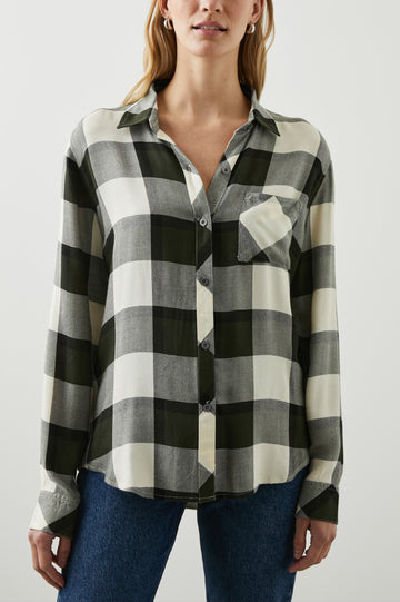Hunter Long-Sleeve Button Up with a Chest Patch Pocket in Rosemary Onyx Colorway, cream and black plaid - Front View Featured on Model