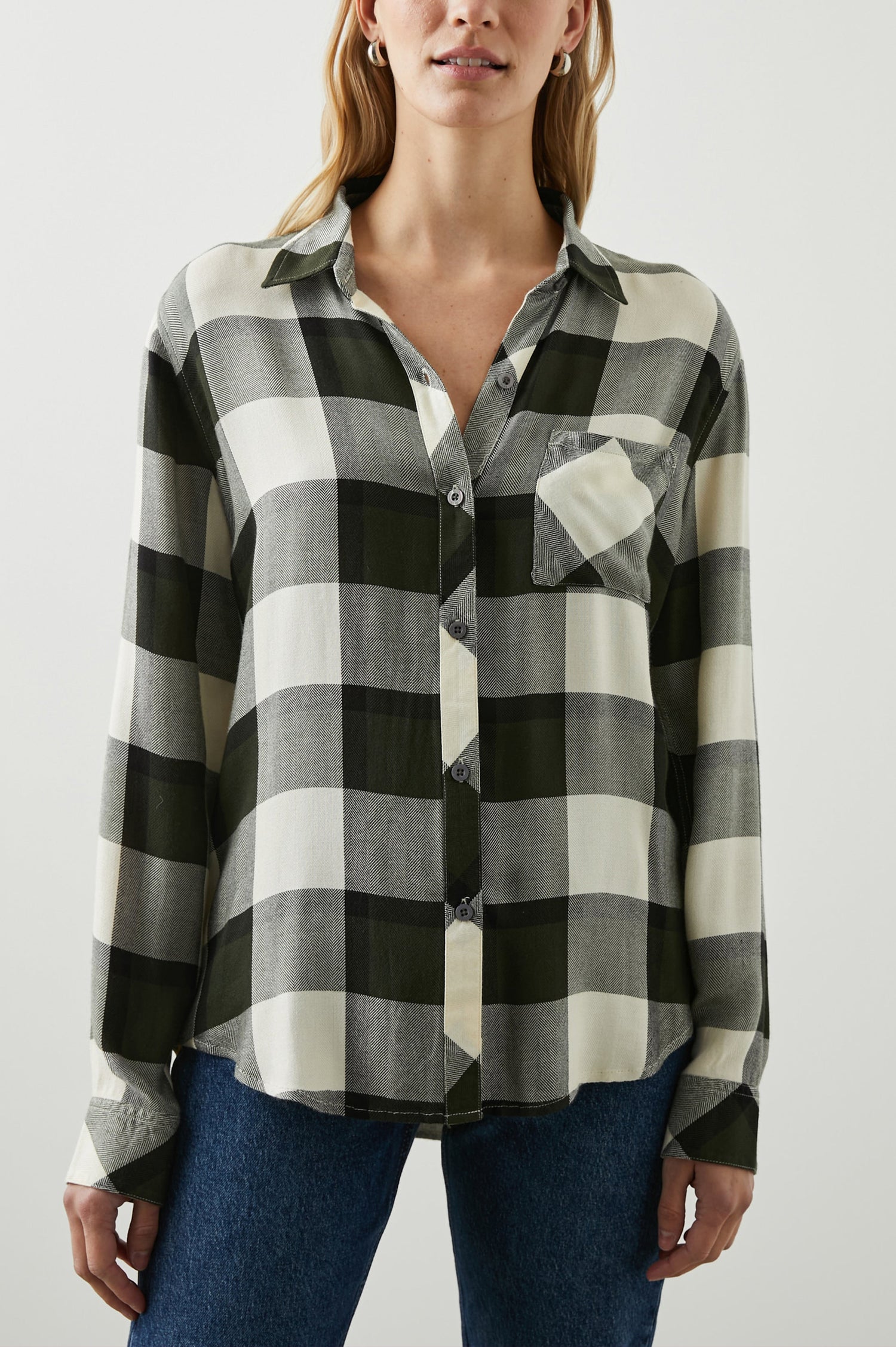 Hunter Long-Sleeve Button Up with a Chest Patch Pocket in Rosemary Onyx Colorway, cream and black plaid - Front View Featured on Model
