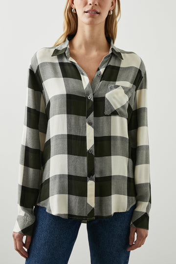 Hunter Long-Sleeve Button Up with a Chest Patch Pocket in Rosemary Onyx Colorway, cream and black plaid - Front View Featured on Model